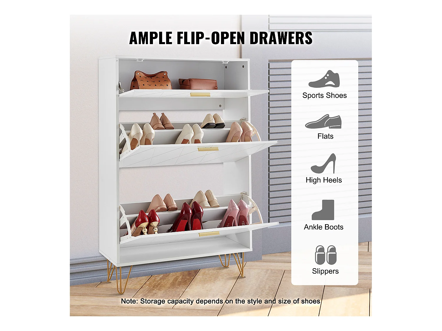 Meuble à Chaussures, SucceBuy Meuble à Chaussures avec 3 Tiroirs Rabattables, Rangement pour Entrée, Couloir