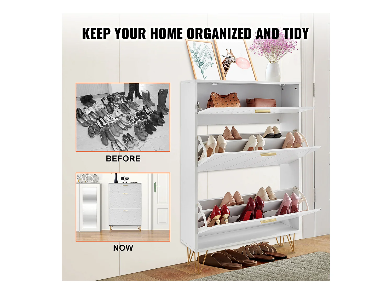 Meuble à Chaussures, SucceBuy Meuble à Chaussures avec 3 Tiroirs Rabattables, Rangement pour Entrée, Couloir