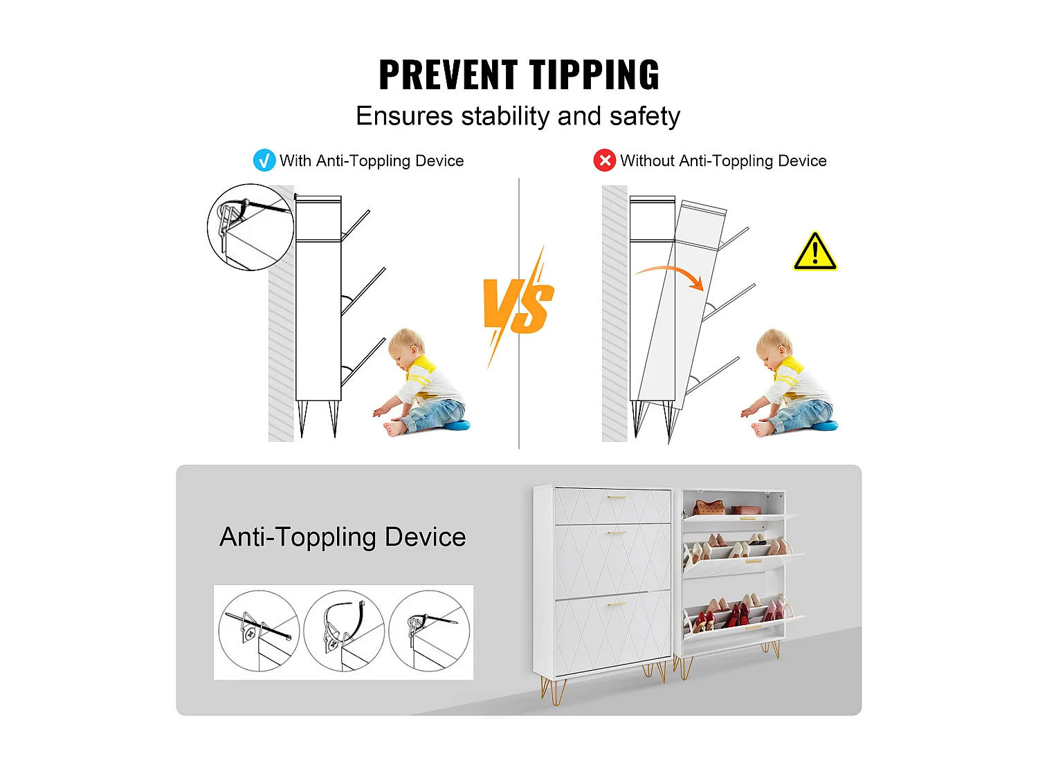 Meuble à Chaussures, SucceBuy Meuble à Chaussures avec 3 Tiroirs Rabattables, Rangement pour Entrée, Couloir