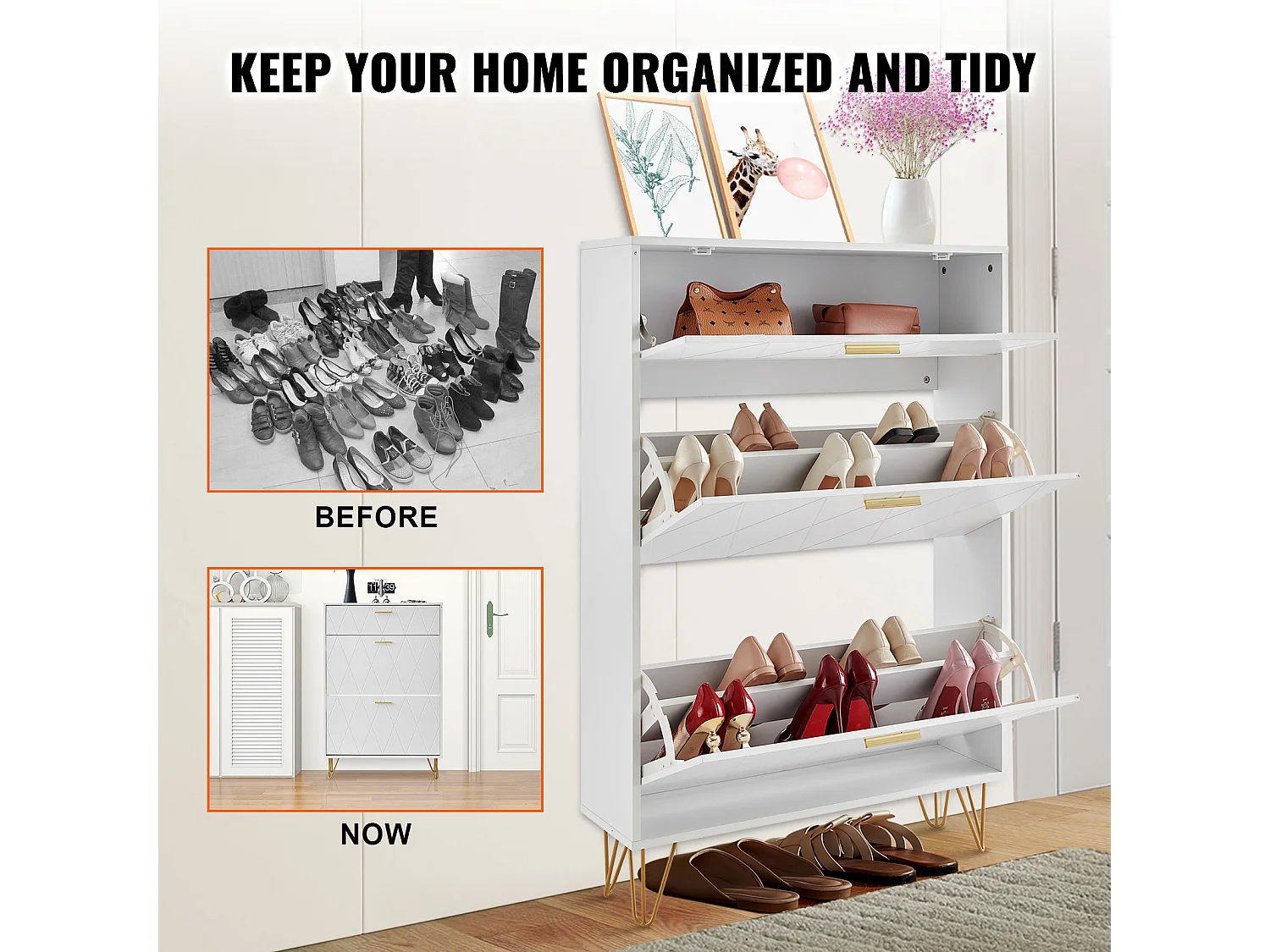 Meuble à Chaussures, SucceBuy Meuble à Chaussures avec 3 Tiroirs Rabattables, Rangement pour Entrée, Couloir