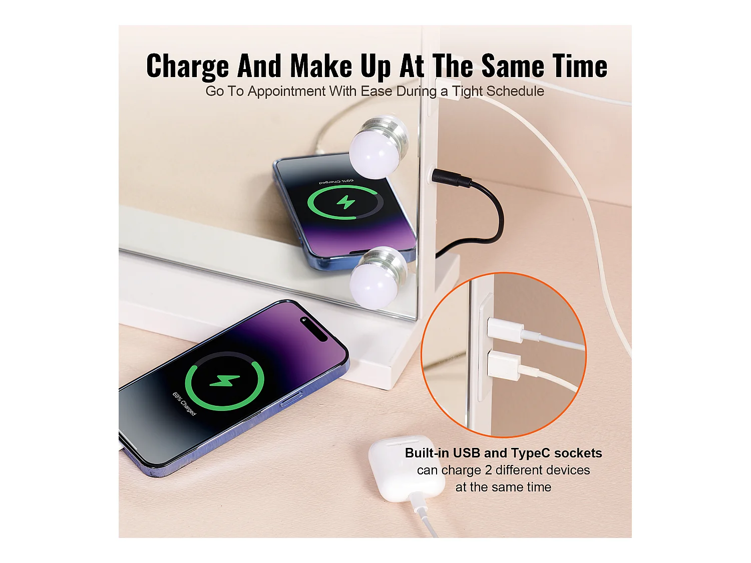 Hollywood-stijl Toiletspiegel SucceBuy, Lichtgevende Variabele LED Lampen, 3 Kleurverlichtingsmodi, 797x597 mm, USB, Type C