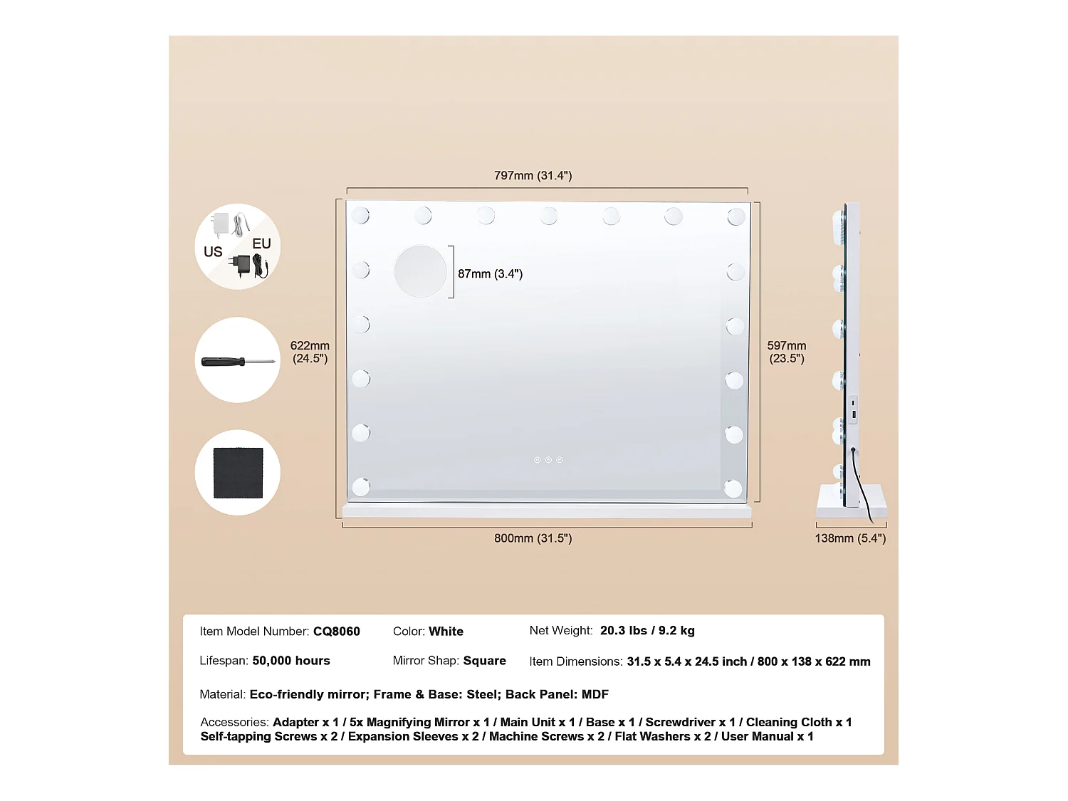 Espejo de Toilette Estilo Hollywood SucceBuy, Luminoso Bombillas LED Variables, 3 Modos de Iluminación de Color, 797x597 mm, USB, Tipo C
