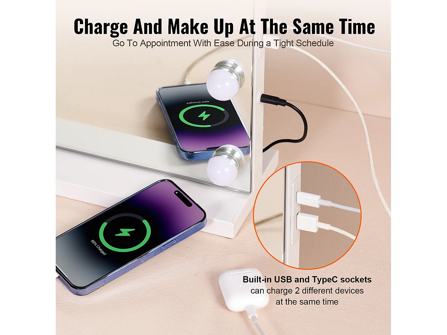 Espejo de Toilette Estilo Hollywood SucceBuy, Luminoso Bombillas LED Variables, 3 Modos de Iluminación de Color, 797x597 mm, USB, Tipo C