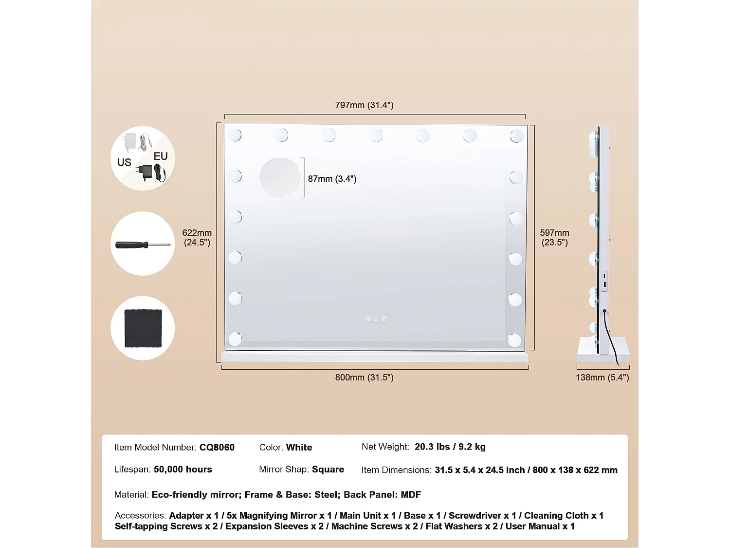 Miroir de Courtoisie Style Hollywoodien SucceBuy, Lumineux Ampoules LED Variable, 3 Modes Éclairage de Couleur, 797x597 mm, USB, Type C