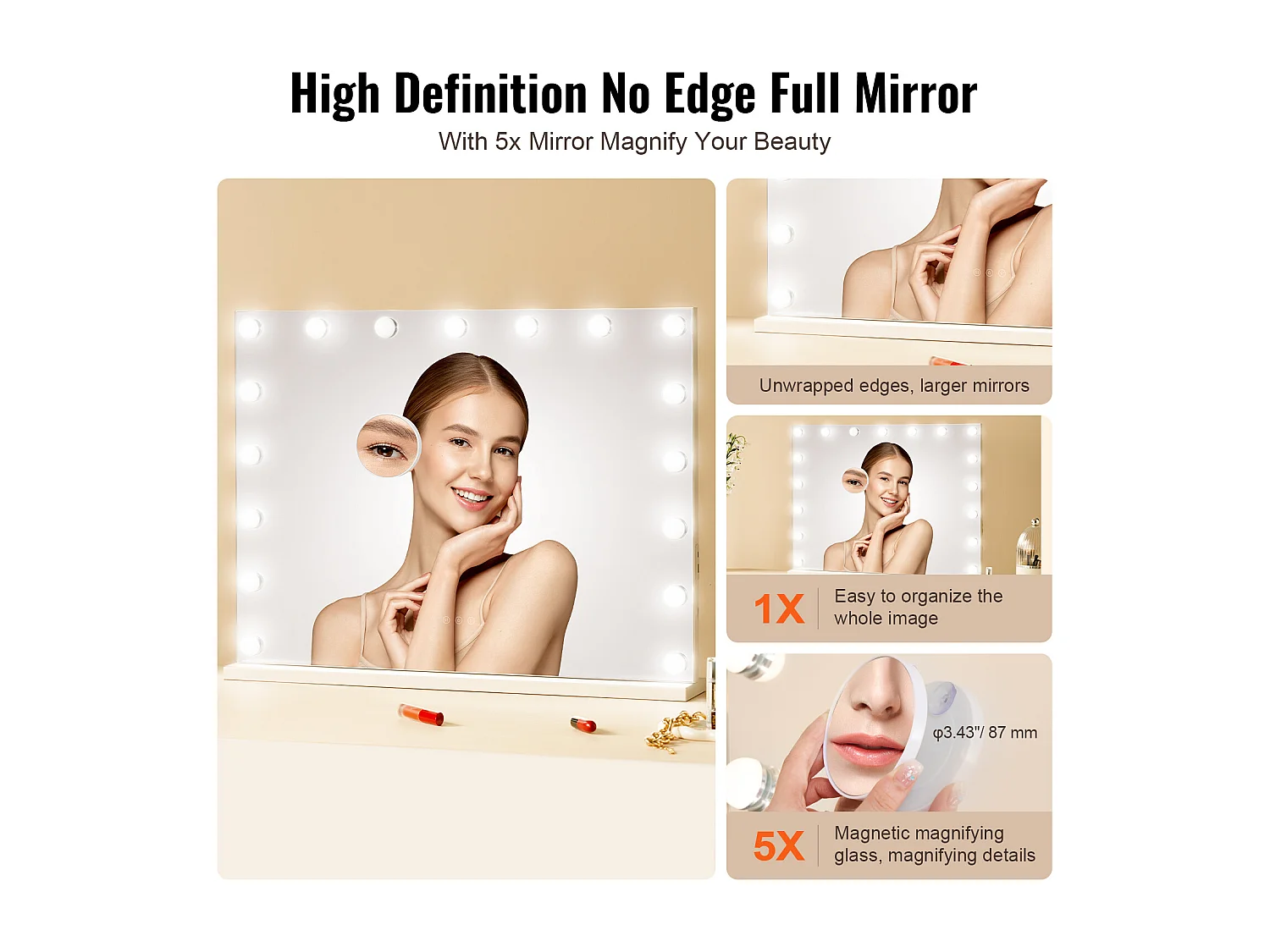 Miroir de Courtoisie Style Hollywoodien SucceBuy, Lumineux Ampoules LED Variable, 3 Modes Éclairage de Couleur, 797x597 mm, USB, Type C