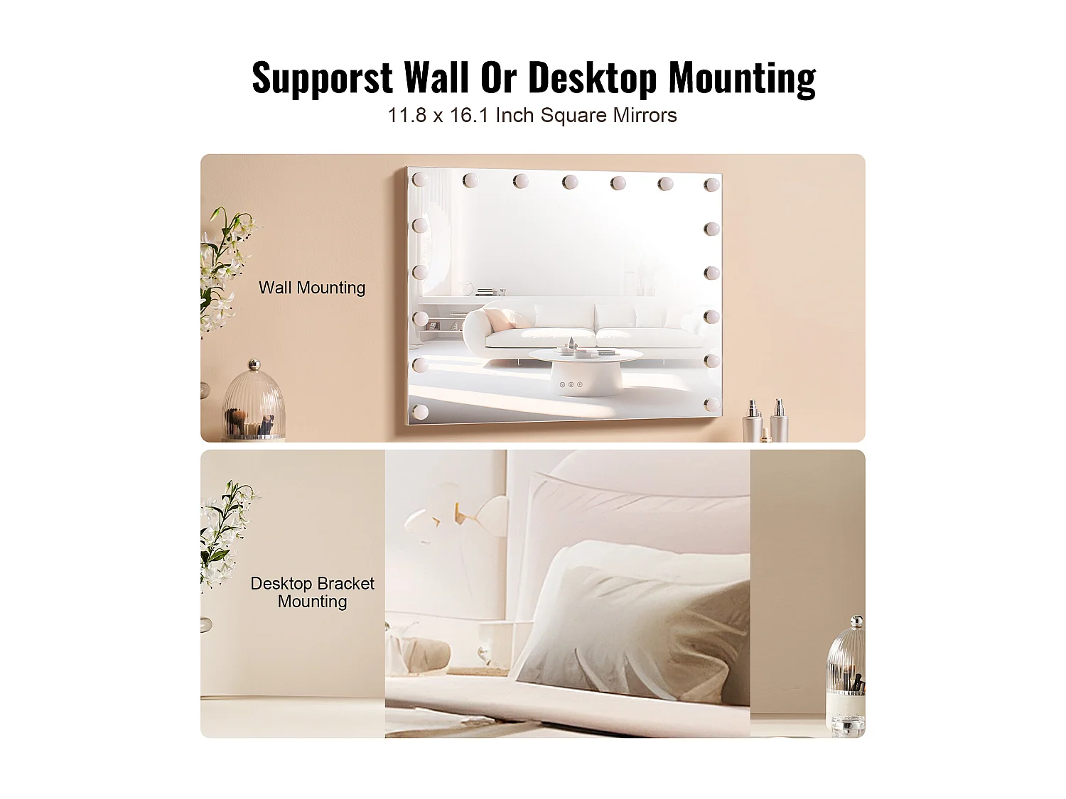 Miroir de Courtoisie Style Hollywoodien SucceBuy, Lumineux Ampoules LED Variable, 3 Modes Éclairage de Couleur, 797x597 mm, USB, Type C