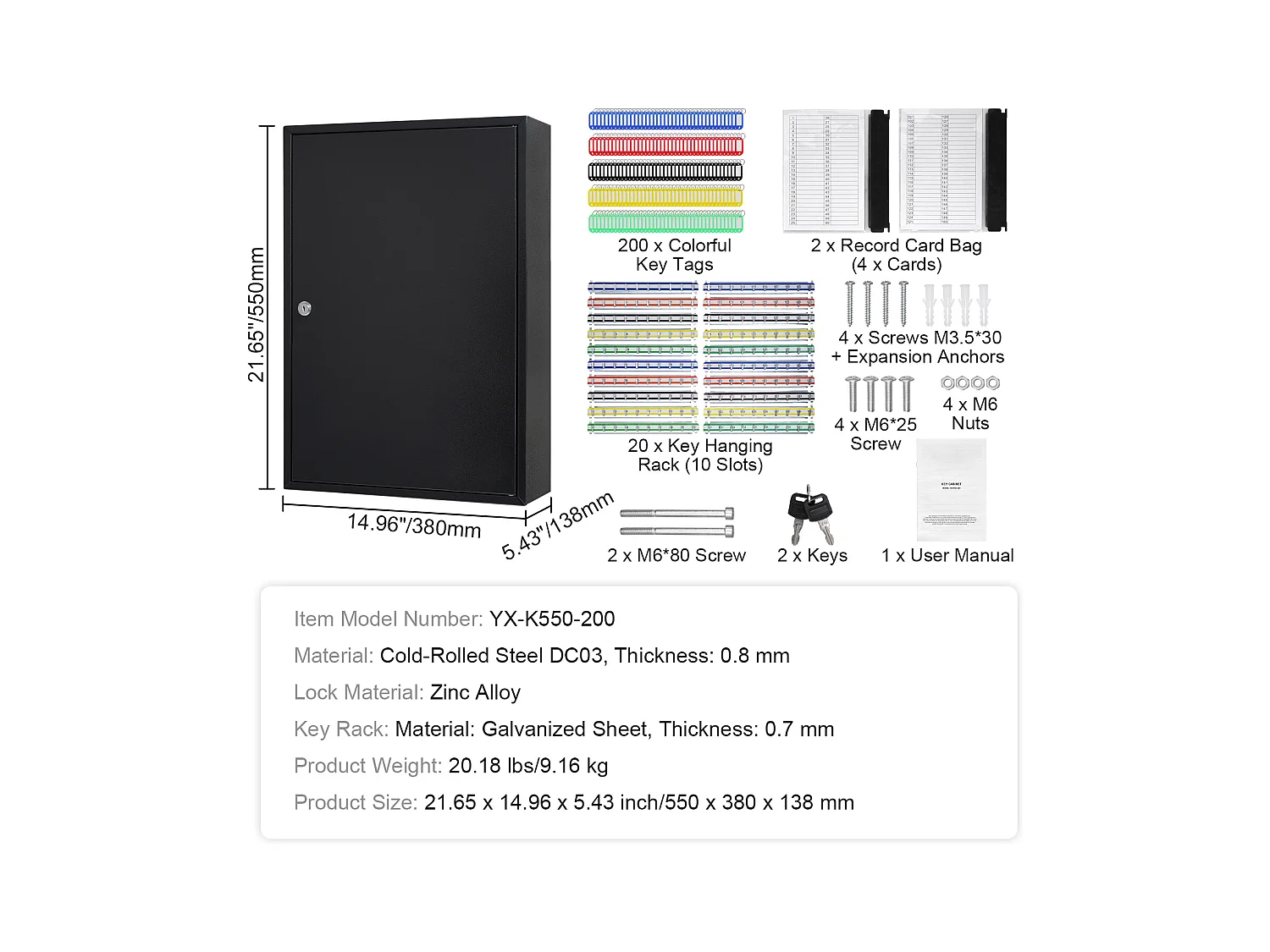 Armario para llaves SucceBuy Gabinete para 200 Llaves Caja de Seguridad Ajustable con Etiquetas de Colores