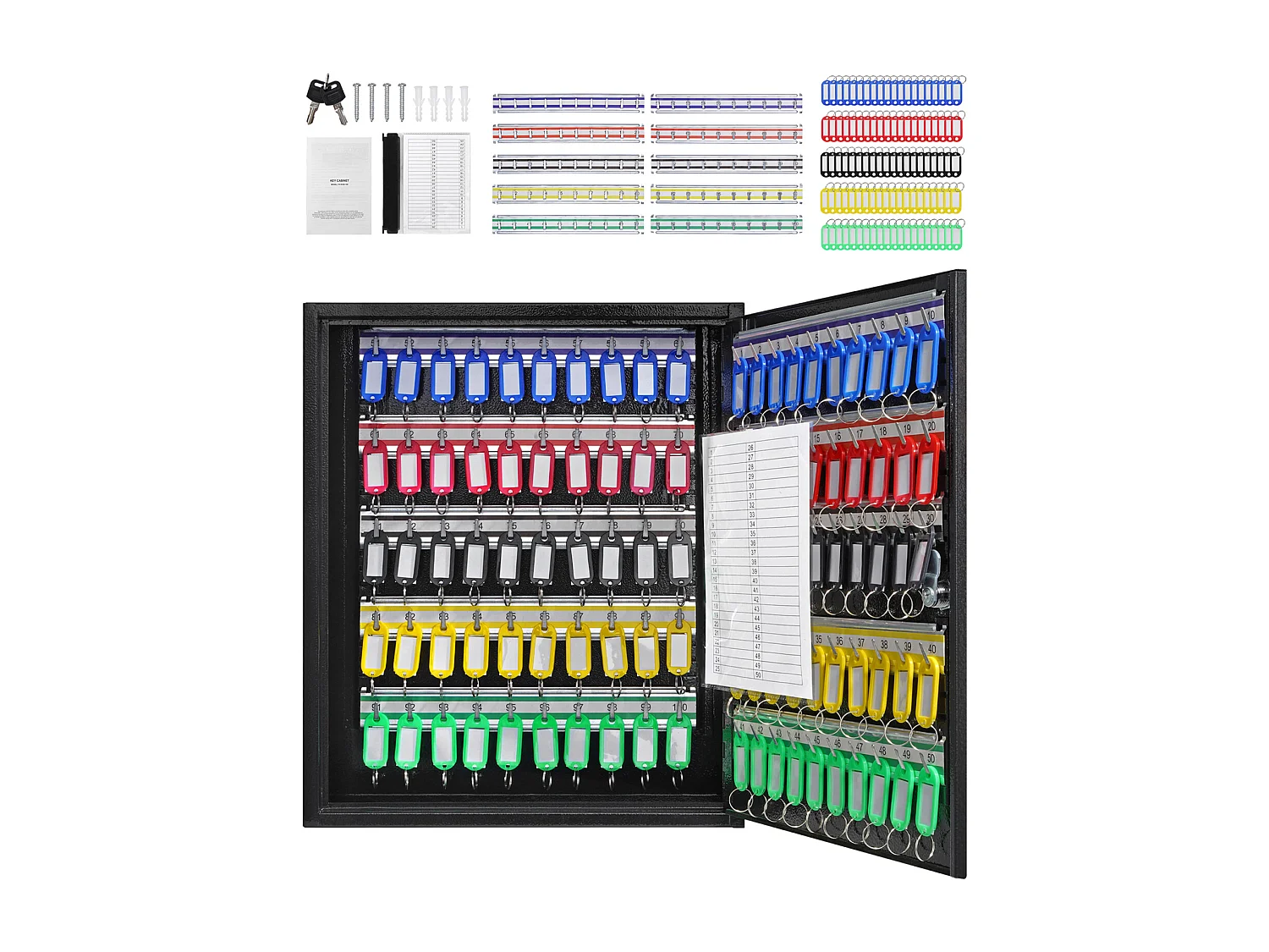 Armoire à Clés SucceBuy Armoire à Clés pour 100 Clés, Boîte à Clés avec Supports Réglables et Étiquettes à Clés Colorées pour le Stockage de Sécurité