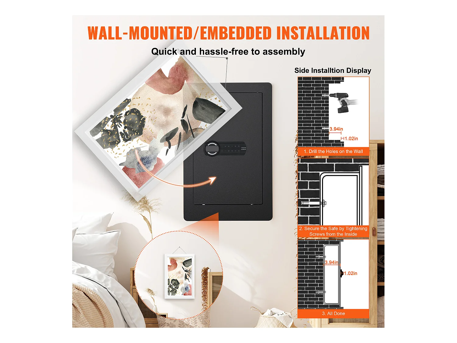 Hoher Wandsafe SucceBuy 65cm mit 3 Versteckten Ebenen, mit Tastenfeld, Regalen und Schlüsselhaltern