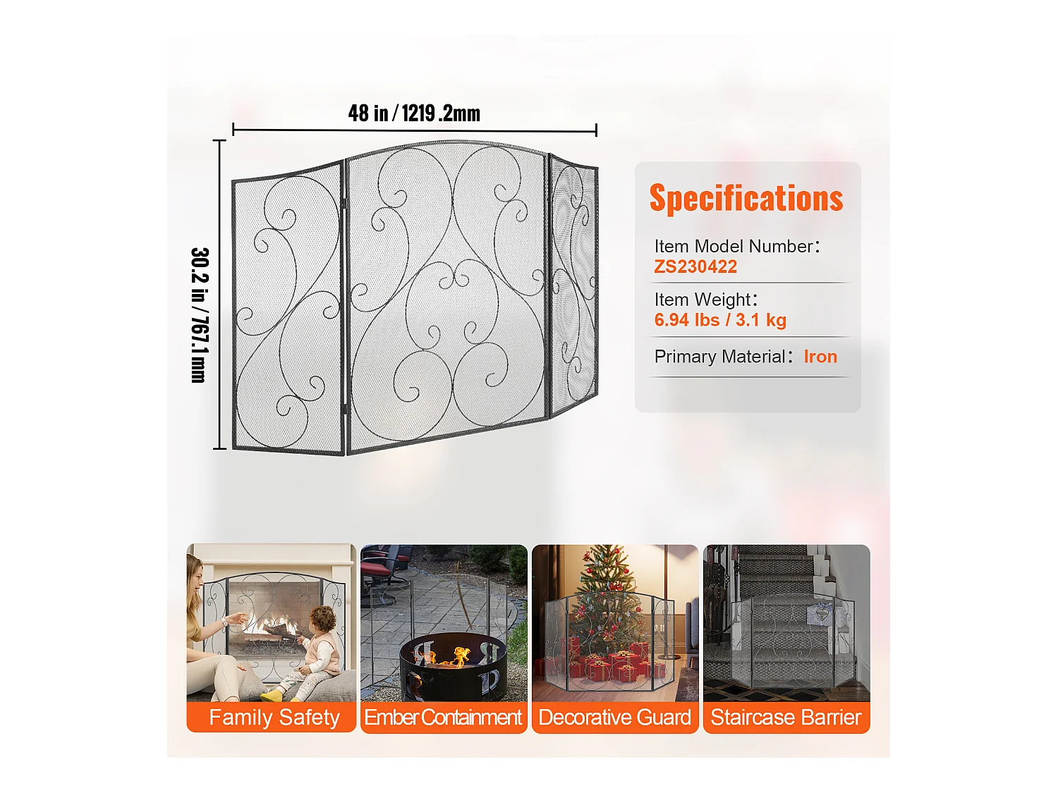 Pare-Étincelles à 3 Panneaux SucceBuy 121.92x76.7 cm, Pare-Étincelles en Maille de Fer, Noir Vintage