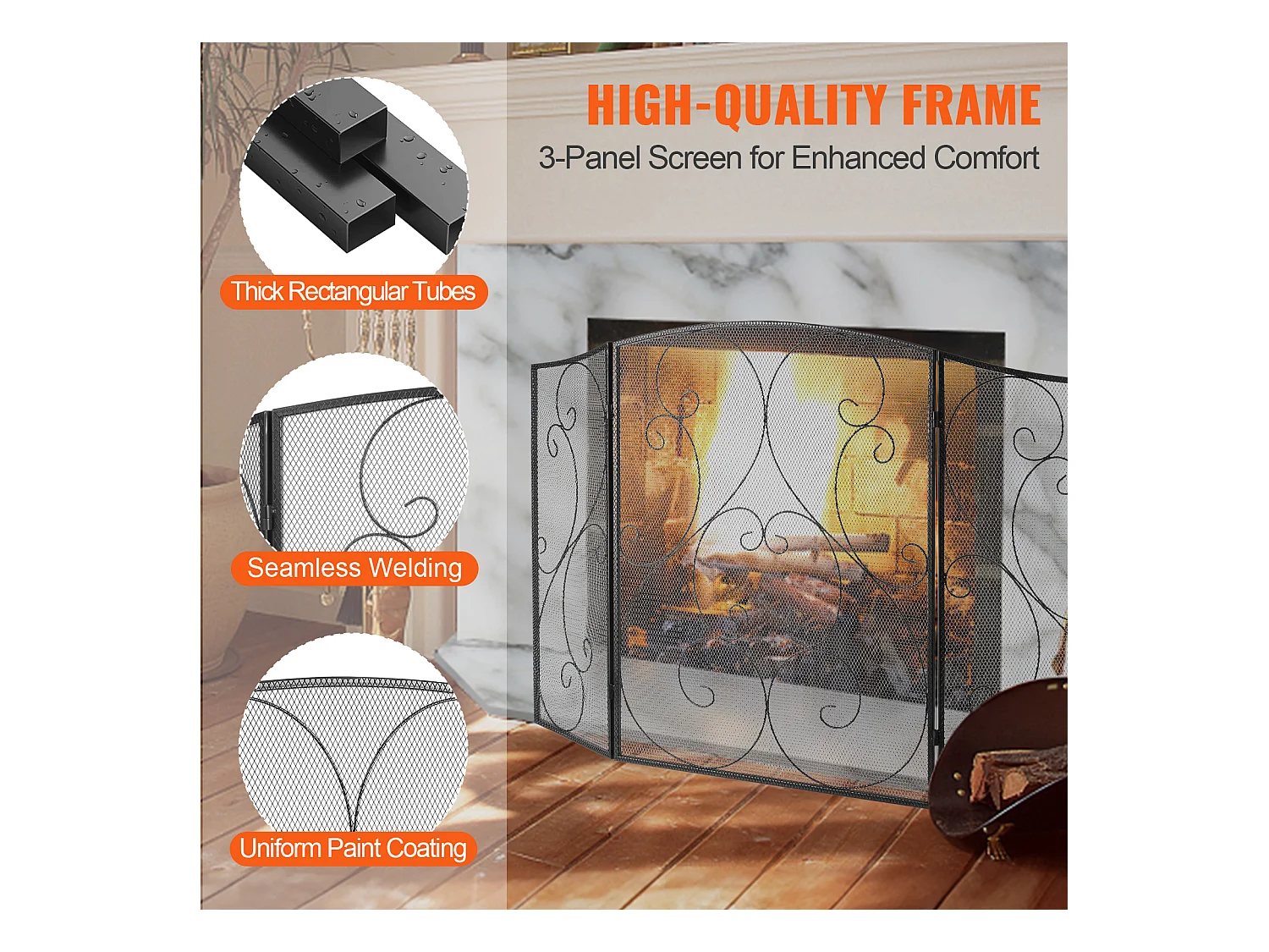 Pare-Étincelles à 3 Panneaux SucceBuy 121.92x76.7 cm, Pare-Étincelles en Maille de Fer, Noir Vintage