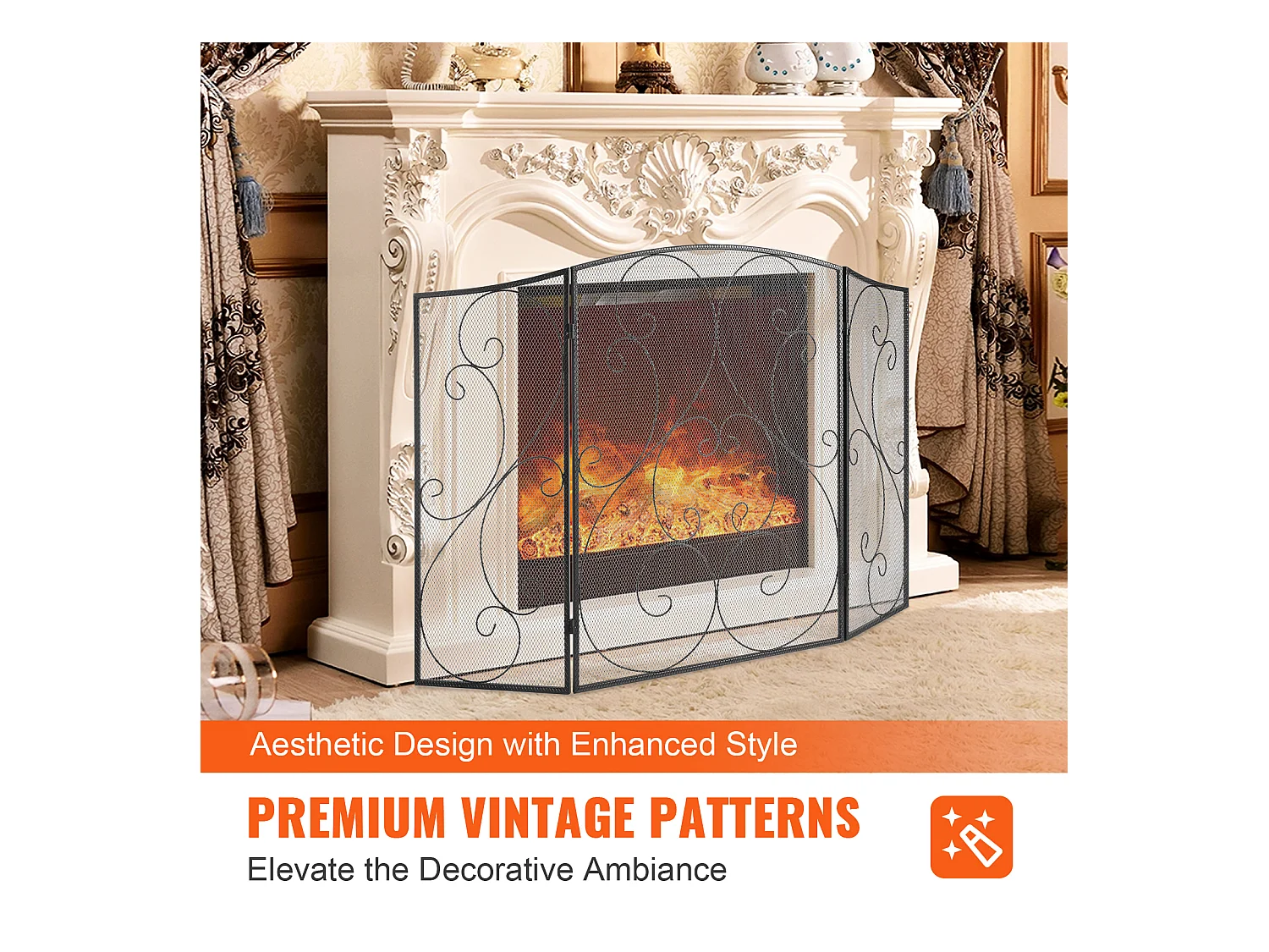 Pare-Étincelles à 3 Panneaux SucceBuy 121.92x76.7 cm, Pare-Étincelles en Maille de Fer, Noir Vintage