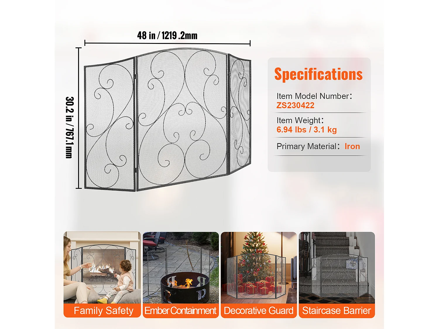 Pare-Étincelles à 3 Panneaux SucceBuy 121.92x76.7 cm, Pare-Étincelles en Maille de Fer, Noir Vintage