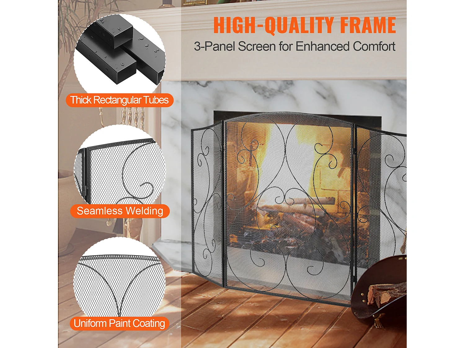 Pare-Étincelles à 3 Panneaux SucceBuy 121.92x76.7 cm, Pare-Étincelles en Maille de Fer, Noir Vintage