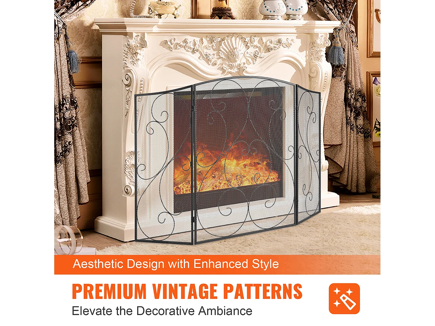 Pare-Étincelles à 3 Panneaux SucceBuy 121.92x76.7 cm, Pare-Étincelles en Maille de Fer, Noir Vintage