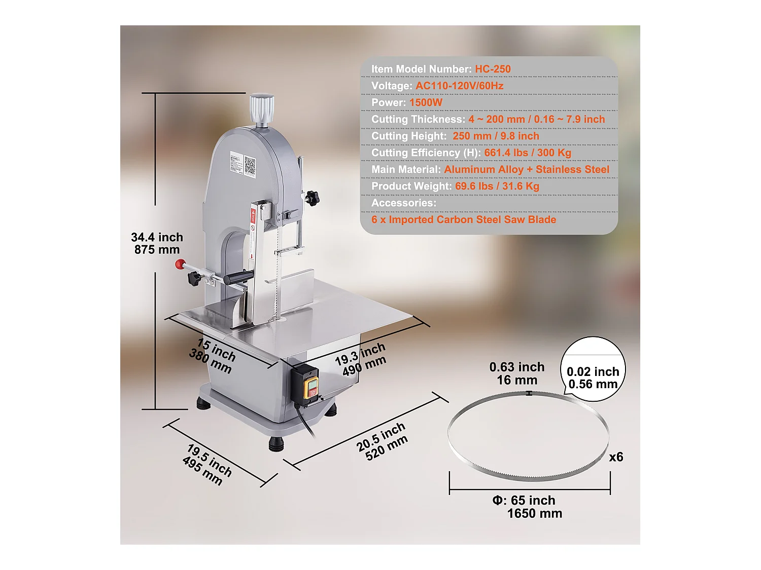 Scie à Ruban Électrique Commerciale pour Viande SucceBuy 1500 W, Machine à Scier les Os en Acier Inoxydable