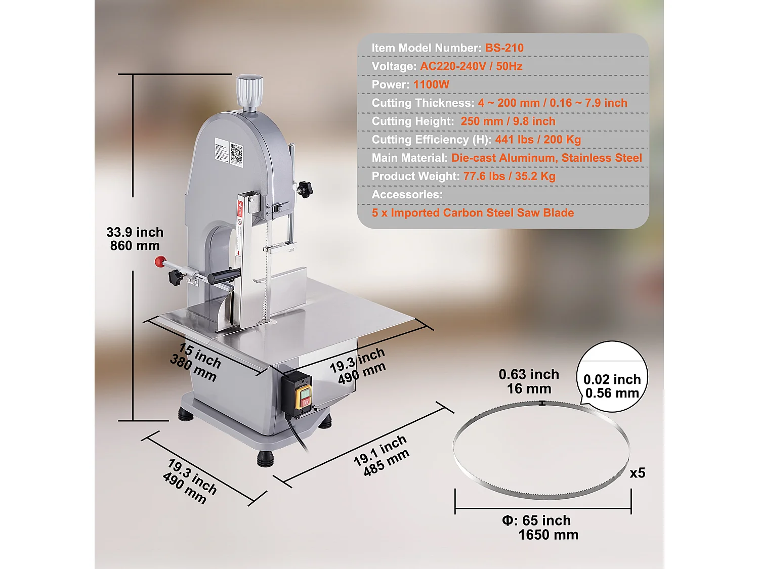 Scie à Ruban Électrique Commerciale pour Viande SucceBuy 1100 W, Machine à Scier les Os en Acier Inoxydable