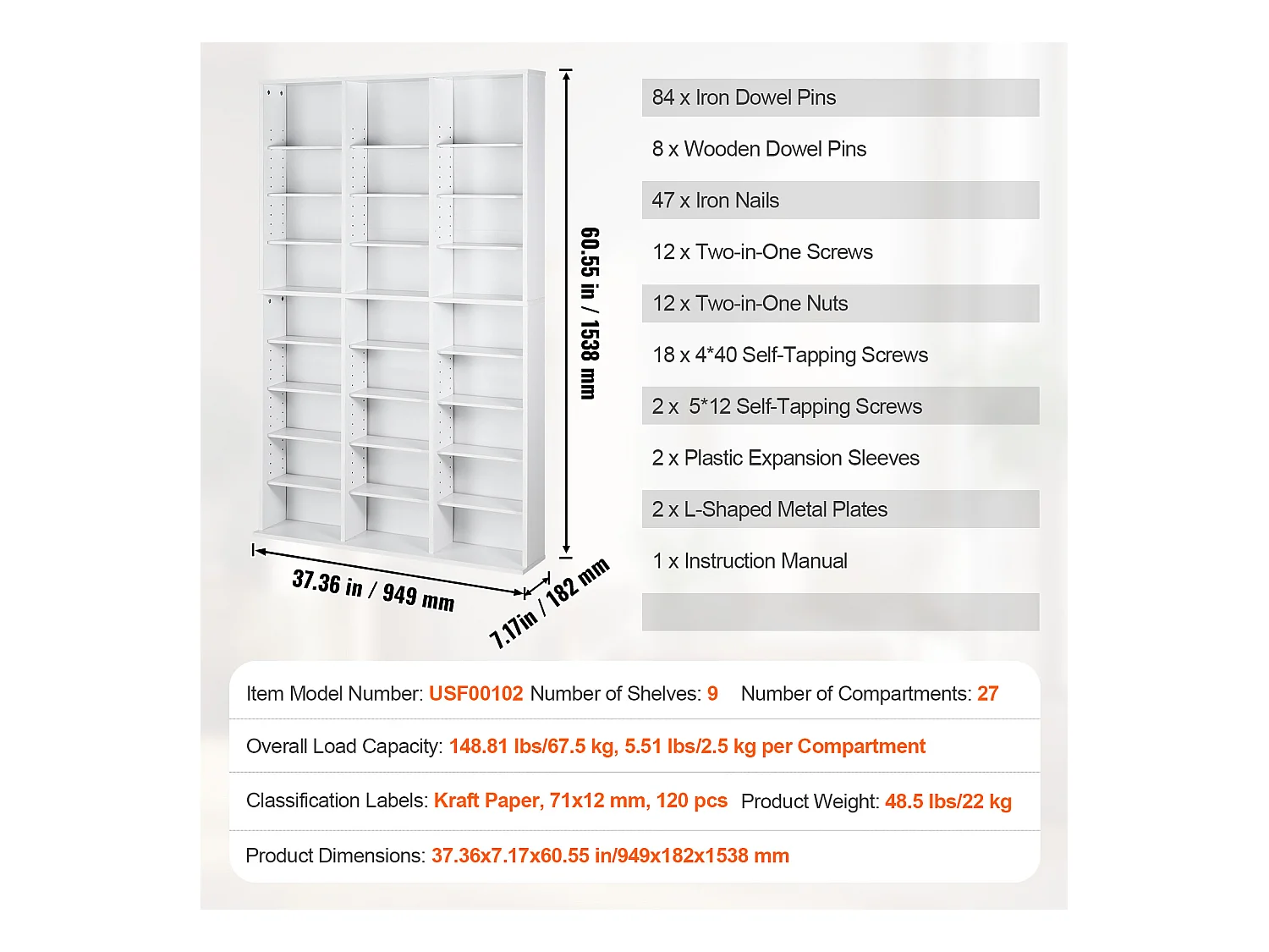 Vitrine, SucceBuy Meuble de Rangement Multimédia à 9 Niveaux, Étagère DVD Réglable pour 756 CD, Blanc