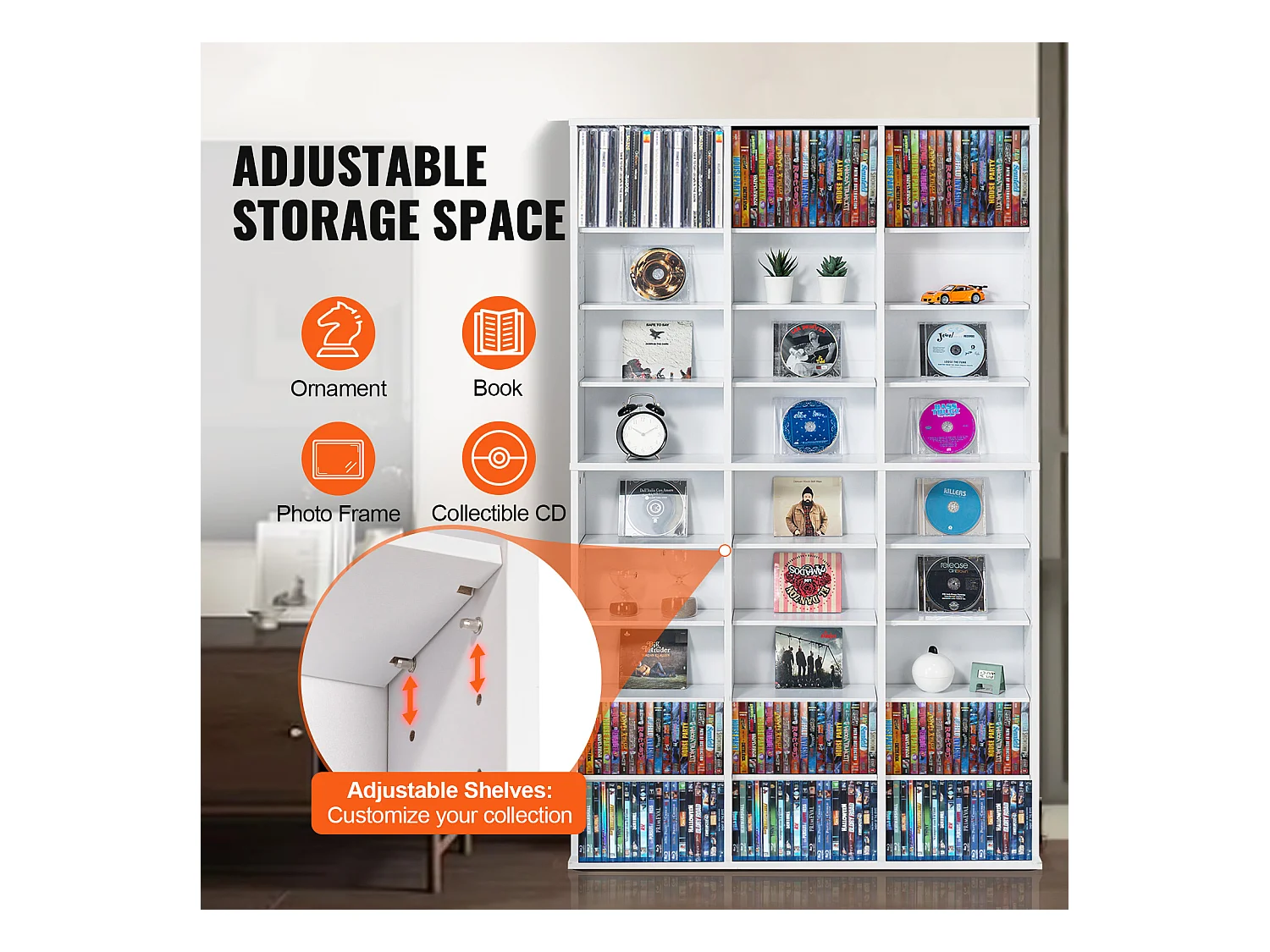 Vitrine, SucceBuy Meuble de Rangement Multimédia à 9 Niveaux, Étagère DVD Réglable pour 756 CD, Blanc