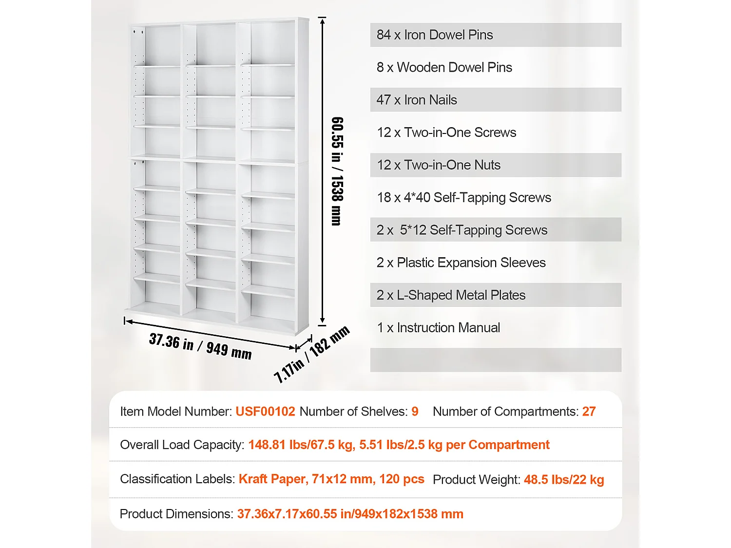 Vitrine, SucceBuy Meuble de Rangement Multimédia à 9 Niveaux, Étagère DVD Réglable pour 756 CD, Blanc
