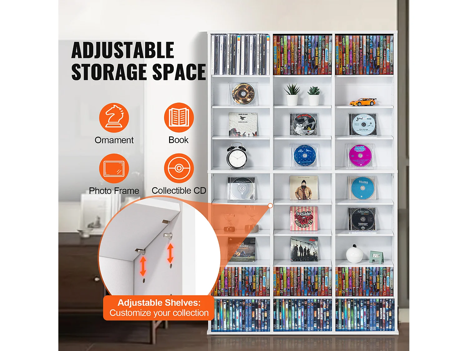 Vitrine, SucceBuy Meuble de Rangement Multimédia à 9 Niveaux, Étagère DVD Réglable pour 756 CD, Blanc