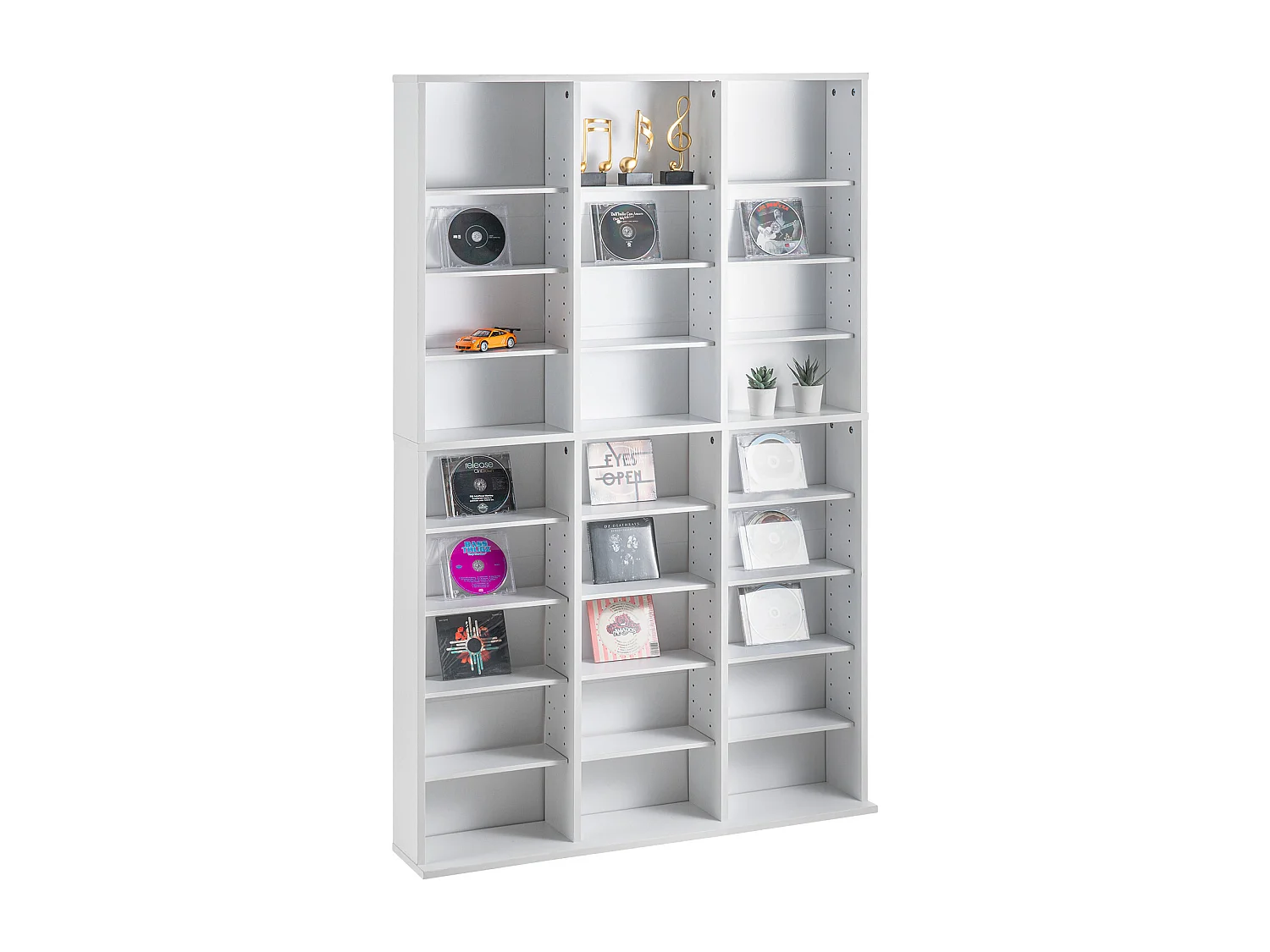 Vitrine, SucceBuy Meuble de Rangement Multimédia à 9 Niveaux, Étagère DVD Réglable pour 756 CD, Blanc