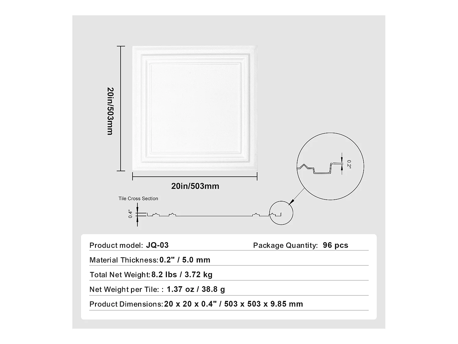 Carreaux Autocollants PS SucceBuy Carreaux de Plafond, Paquet de 96, 50.8 CM x 50.8 CM, Polystyrène, Installation Facile, À Coller