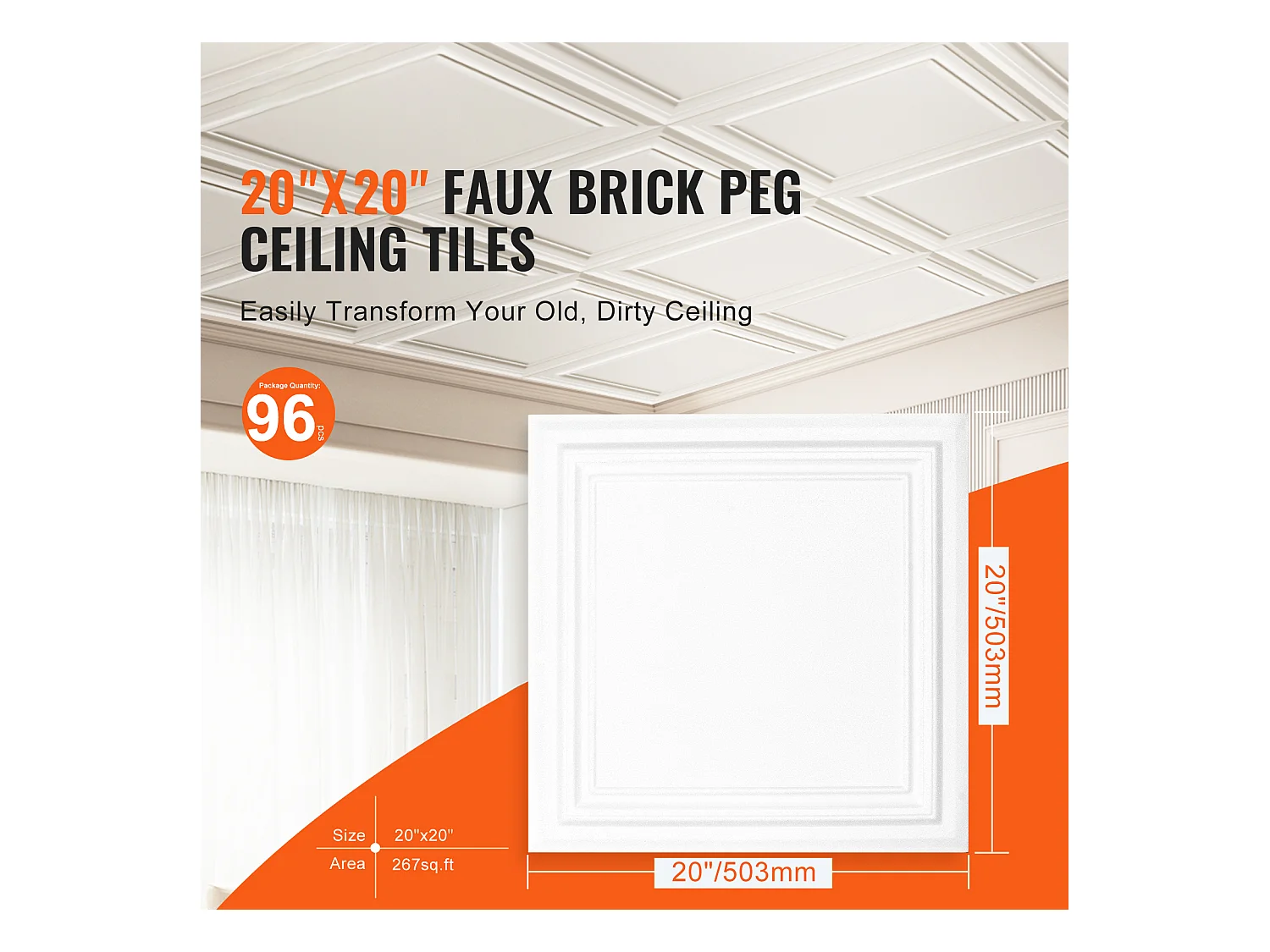 Carreaux Autocollants PS SucceBuy Carreaux de Plafond, Paquet de 96, 50.8 CM x 50.8 CM, Polystyrène, Installation Facile, À Coller