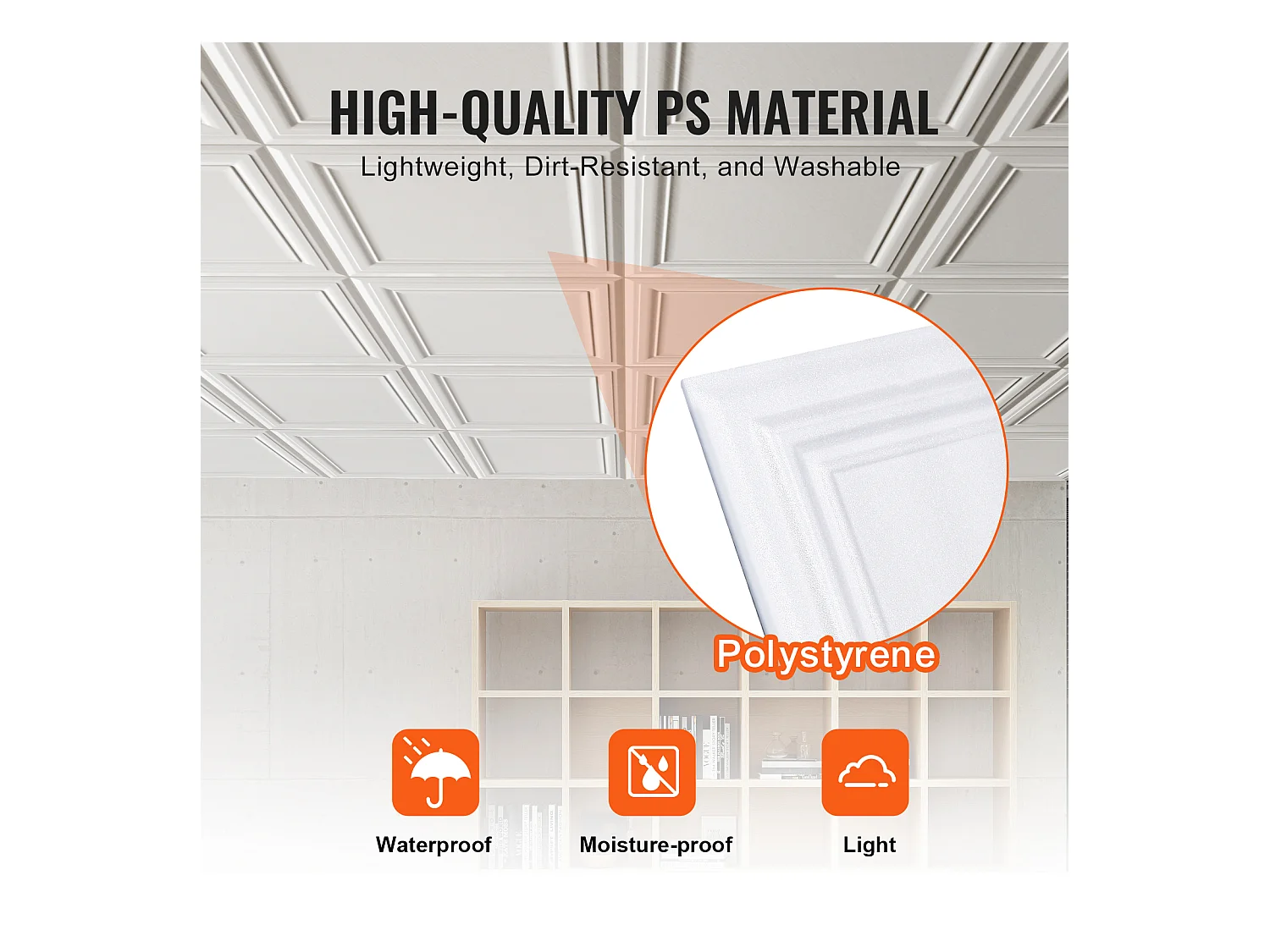 Carreaux Autocollants PS SucceBuy Carreaux de Plafond, Paquet de 96, 50.8 CM x 50.8 CM, Polystyrène, Installation Facile, À Coller