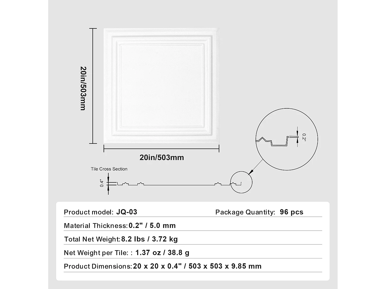 Carreaux Autocollants PS SucceBuy Carreaux de Plafond, Paquet de 96, 50.8 CM x 50.8 CM, Polystyrène, Installation Facile, À Coller