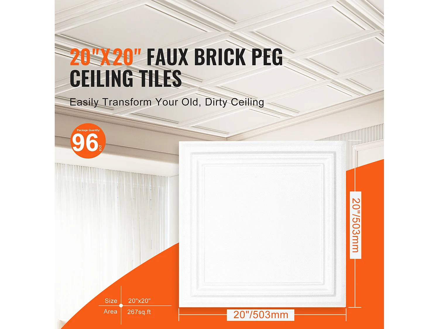 Carreaux Autocollants PS SucceBuy Carreaux de Plafond, Paquet de 96, 50.8 CM x 50.8 CM, Polystyrène, Installation Facile, À Coller