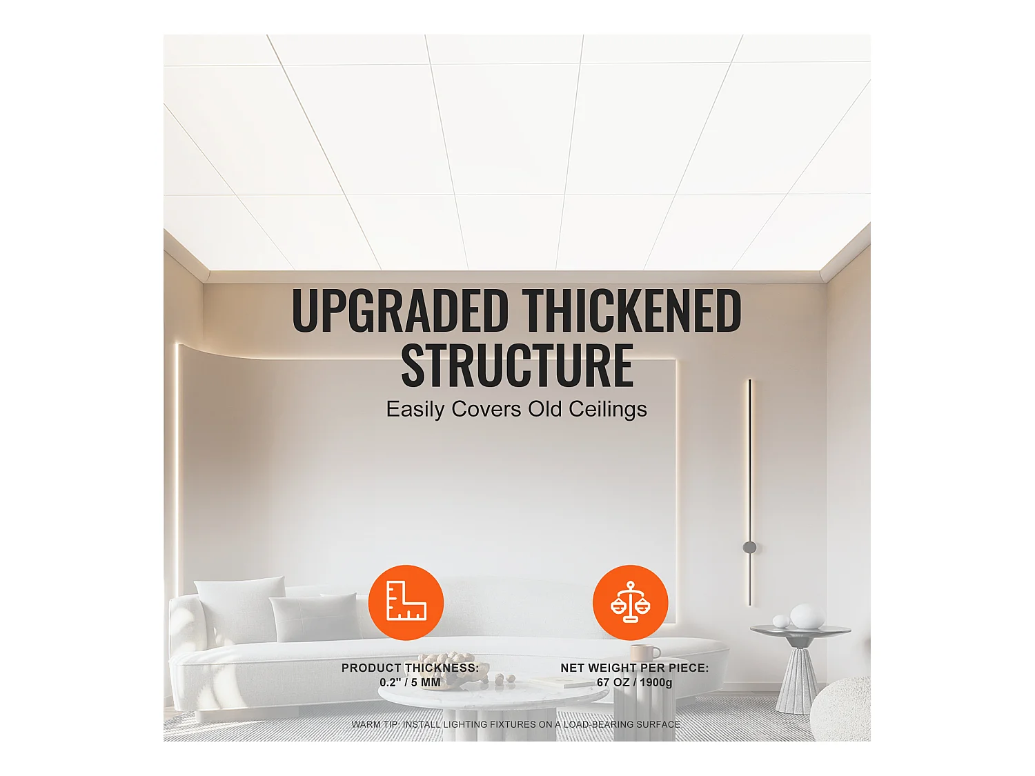 Carreaux Autocollants PVC SucceBuy Dalles de Plafond, Lot de 10, 60.96CM x 121.92CM, Mousse PVC, Coupe-Feu, Blanc