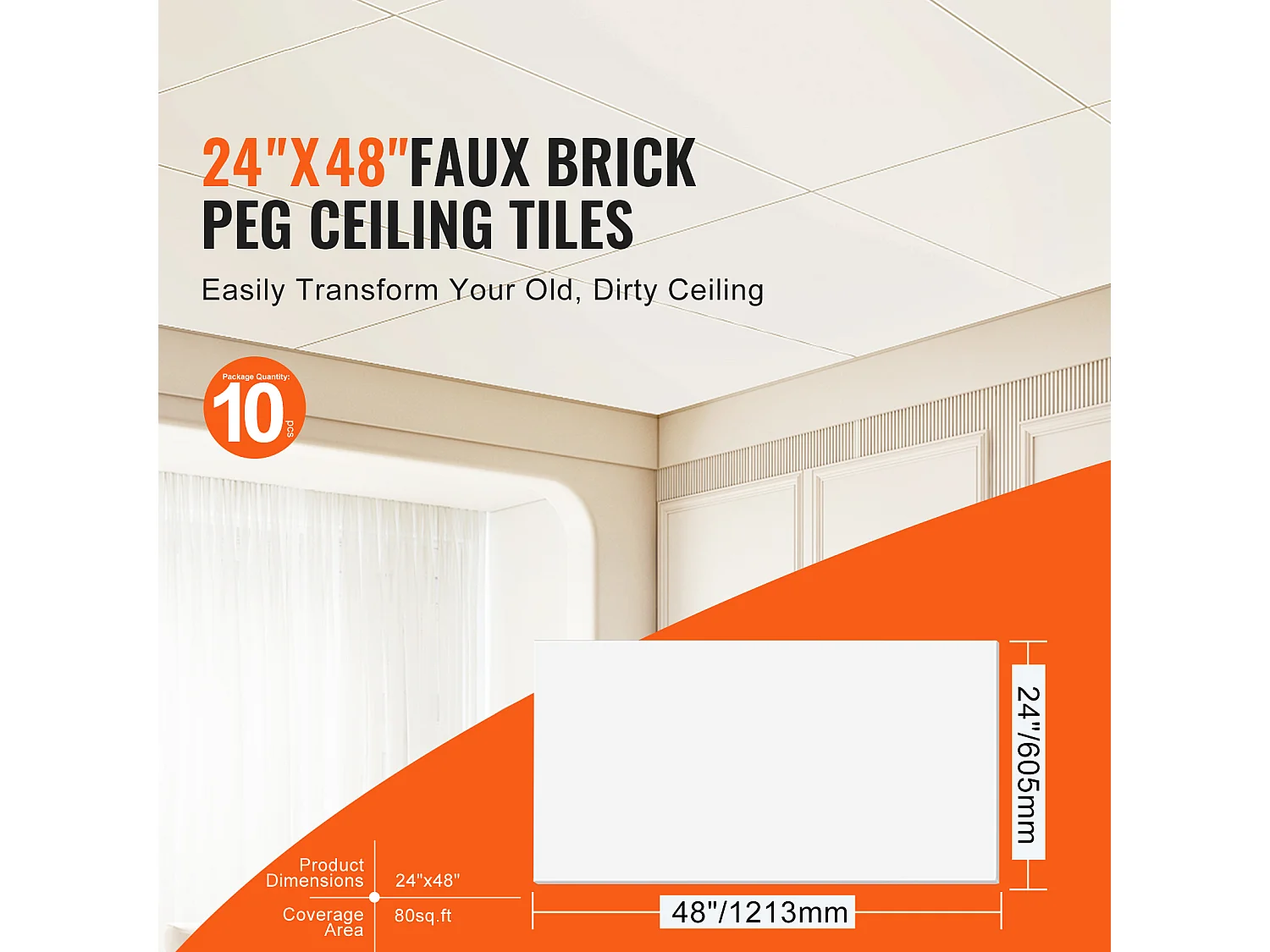 Carreaux Autocollants PVC SucceBuy Dalles de Plafond, Lot de 10, 60.96CM x 121.92CM, Mousse PVC, Coupe-Feu, Blanc