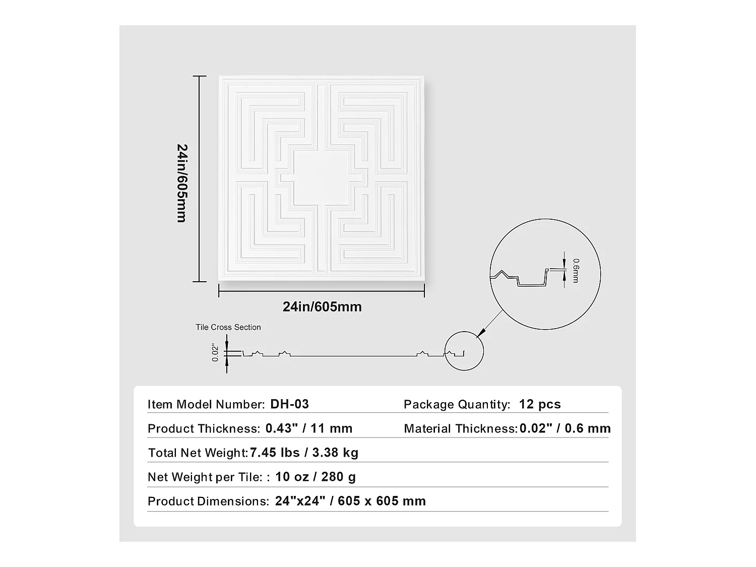 Carreaux Autocollants PVC SucceBuy Dalles de Plafond Pack de 12 24 x 24 PVC Installation Facile Blanc Eco Pattern