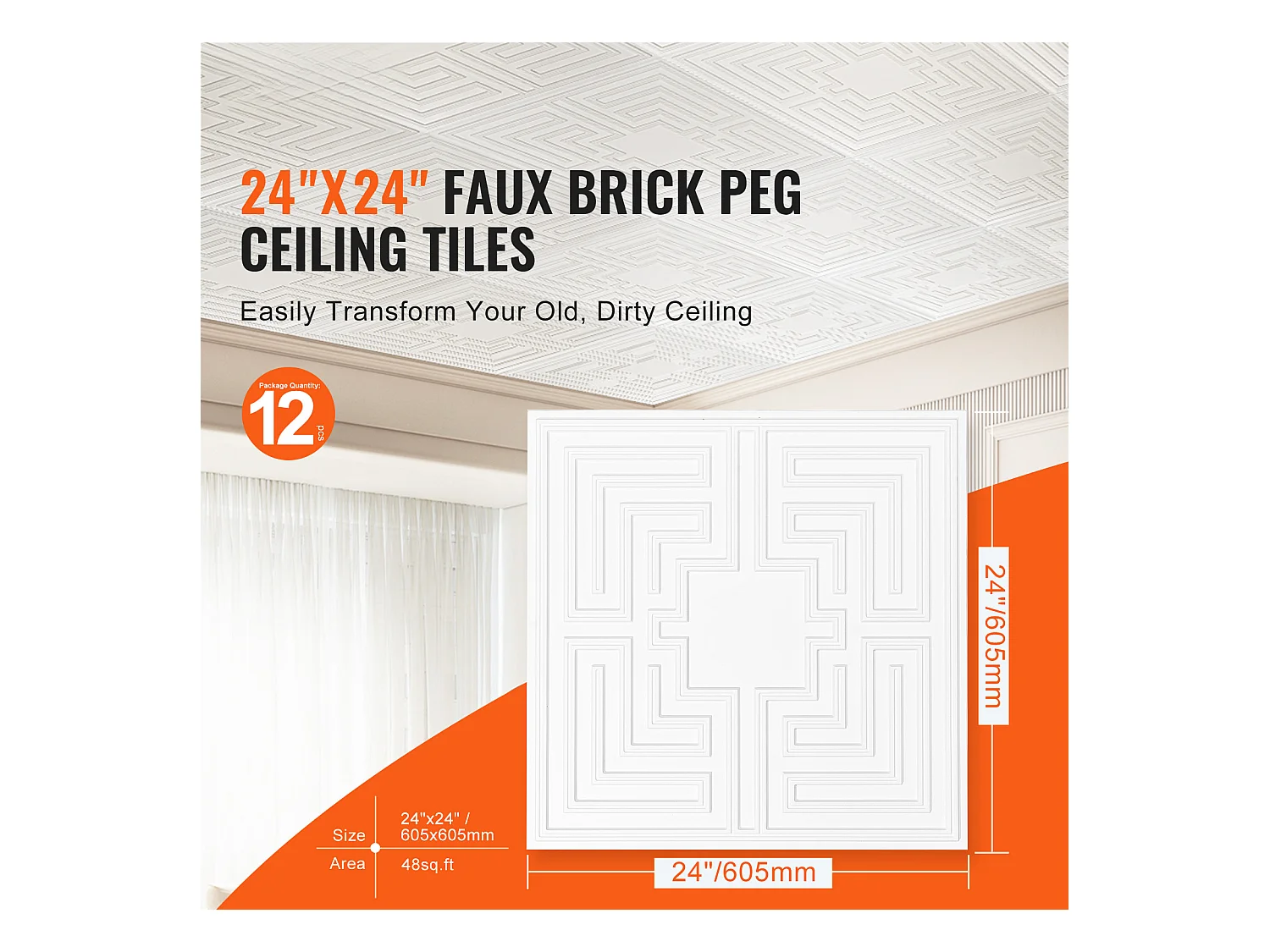 Carreaux Autocollants PVC SucceBuy Dalles de Plafond Pack de 12 24 x 24 PVC Installation Facile Blanc Eco Pattern