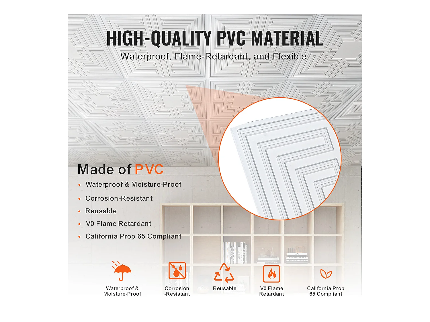 Carreaux Autocollants PVC SucceBuy Dalles de Plafond Pack de 12 24 x 24 PVC Installation Facile Blanc Eco Pattern