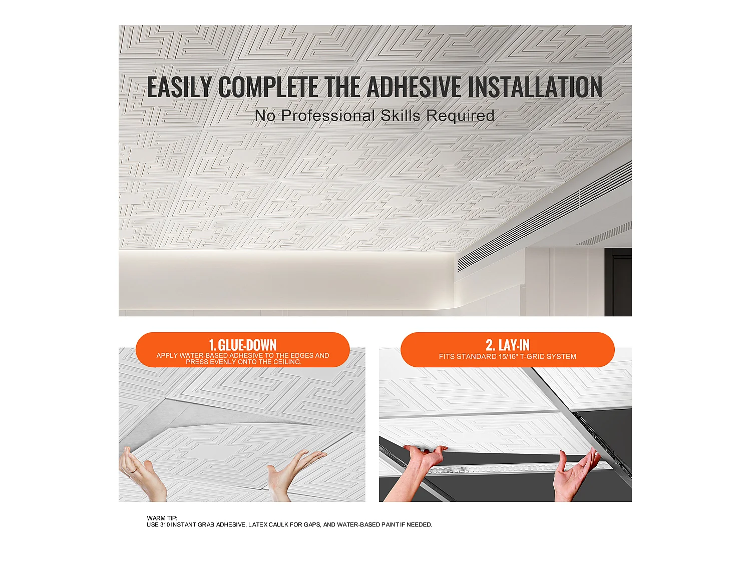 Carreaux Autocollants PVC SucceBuy Dalles de Plafond Pack de 12 24 x 24 PVC Installation Facile Blanc Eco Pattern