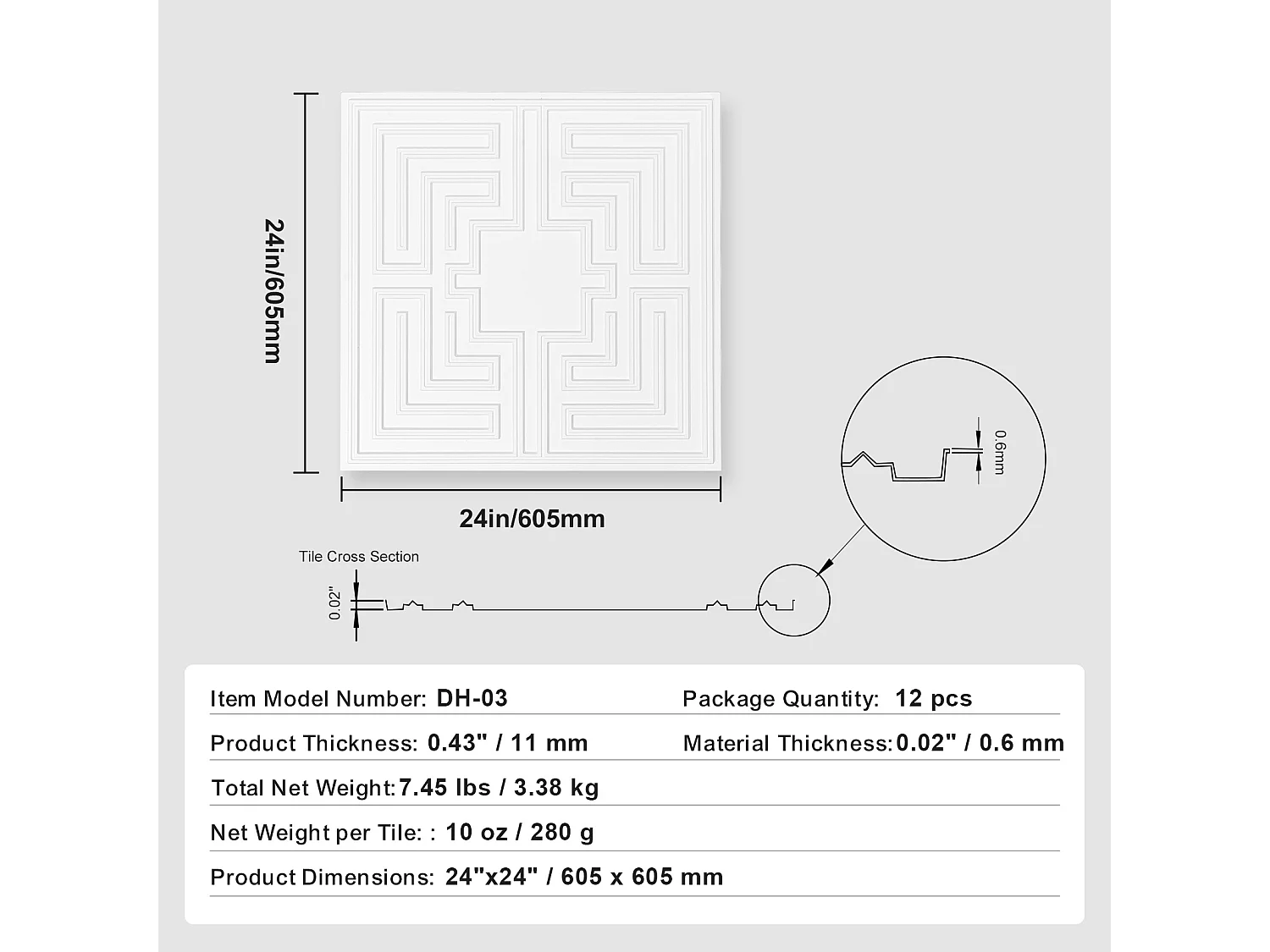 Carreaux Autocollants PVC SucceBuy Dalles de Plafond Pack de 12 24 x 24 PVC Installation Facile Blanc Eco Pattern