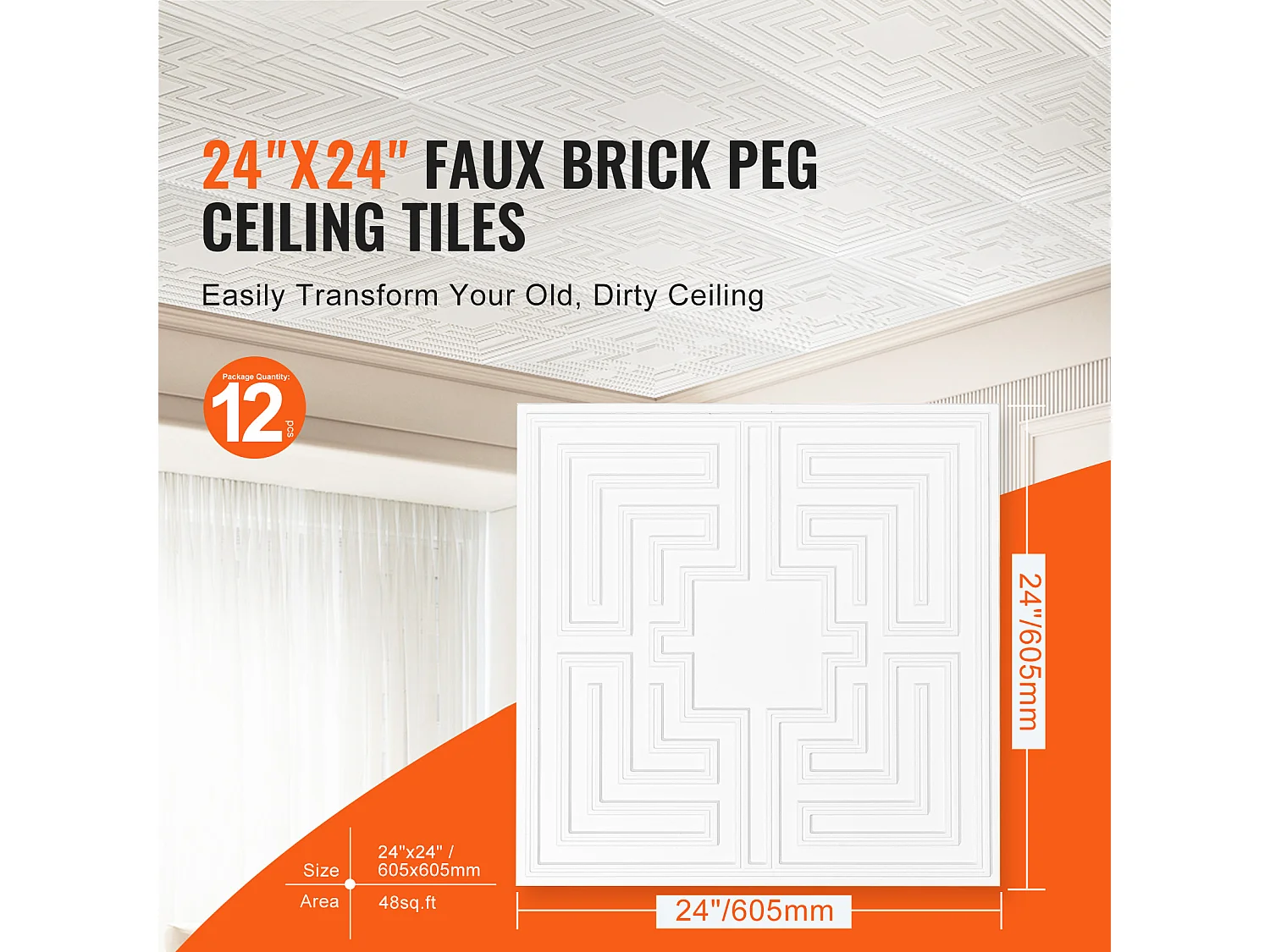 Carreaux Autocollants PVC SucceBuy Dalles de Plafond Pack de 12 24 x 24 PVC Installation Facile Blanc Eco Pattern