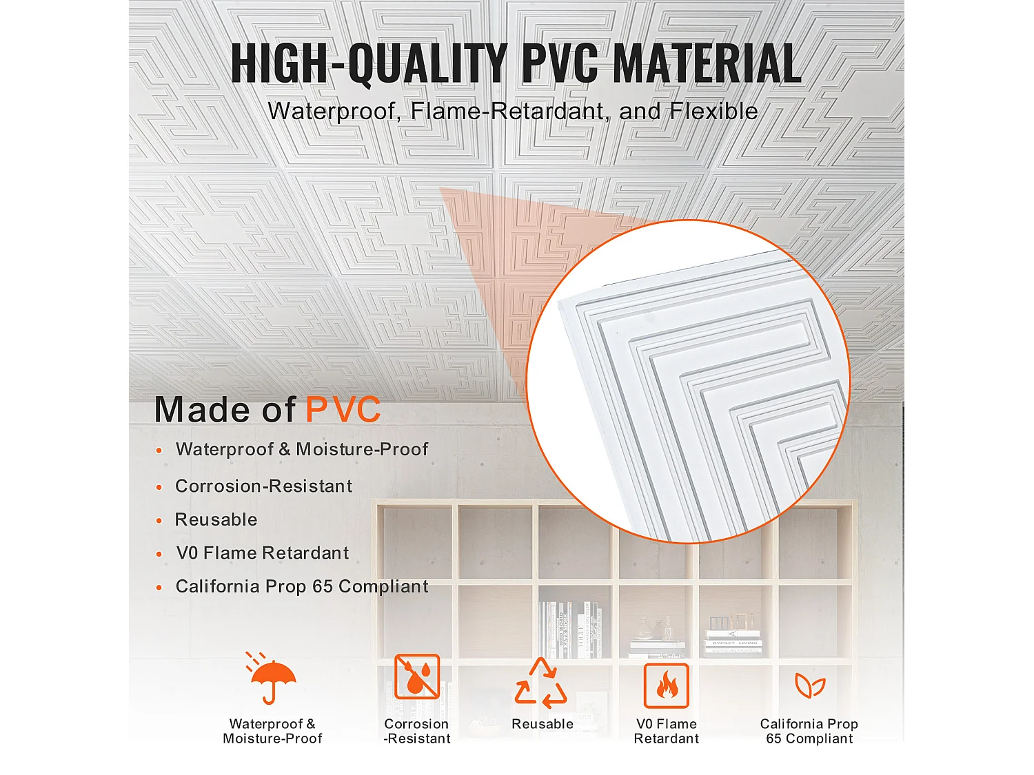 Carreaux Autocollants PVC SucceBuy Dalles de Plafond Pack de 12 24 x 24 PVC Installation Facile Blanc Eco Pattern