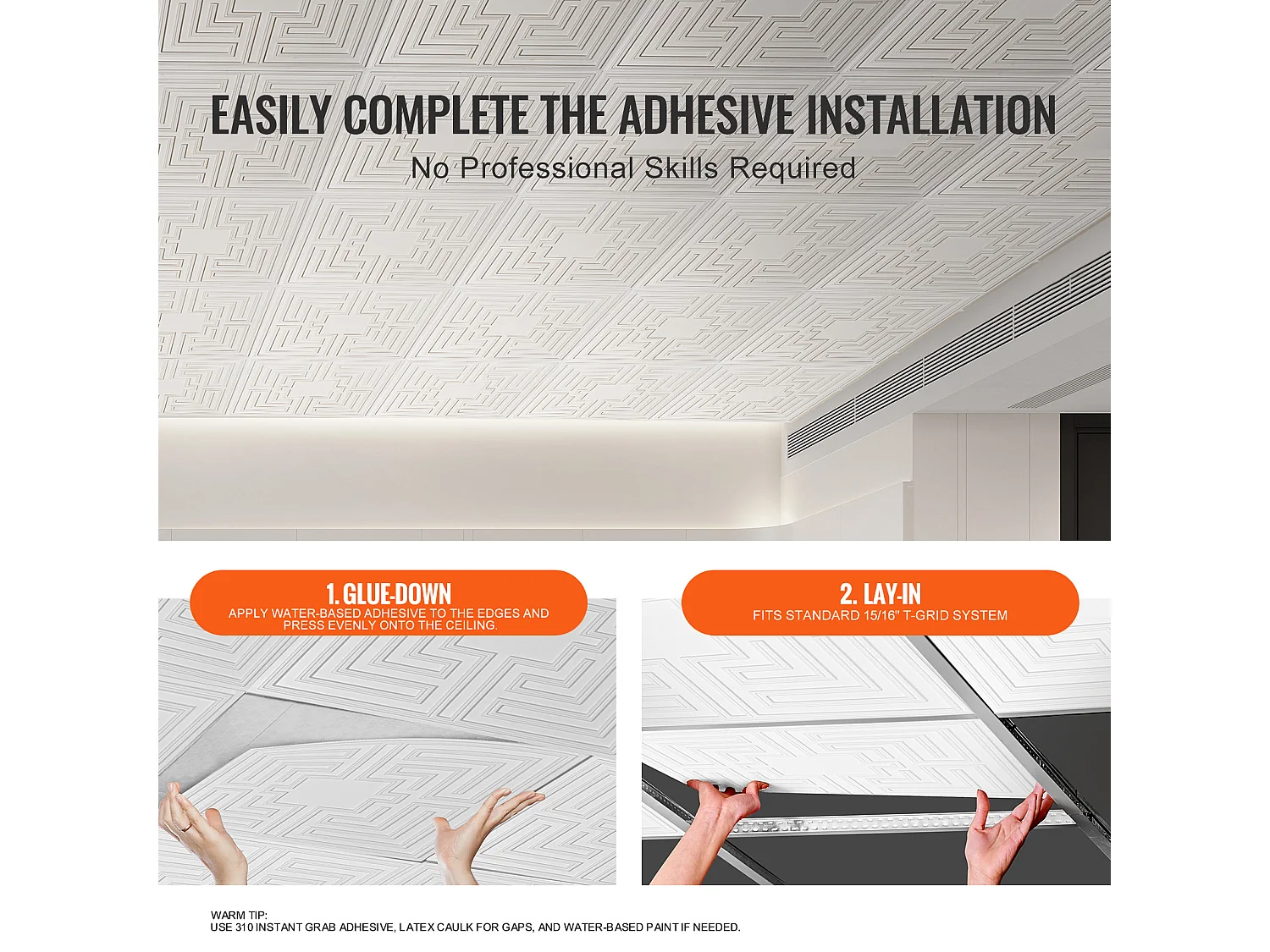 Carreaux Autocollants PVC SucceBuy Dalles de Plafond Pack de 12 24 x 24 PVC Installation Facile Blanc Eco Pattern