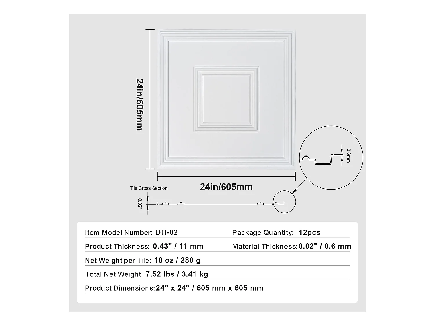 Carreaux Autocollants PVC SucceBuy Carreaux de Plafond Paquet de 12 24" x 24" PVC Installation Facile Blanc Géométrique
