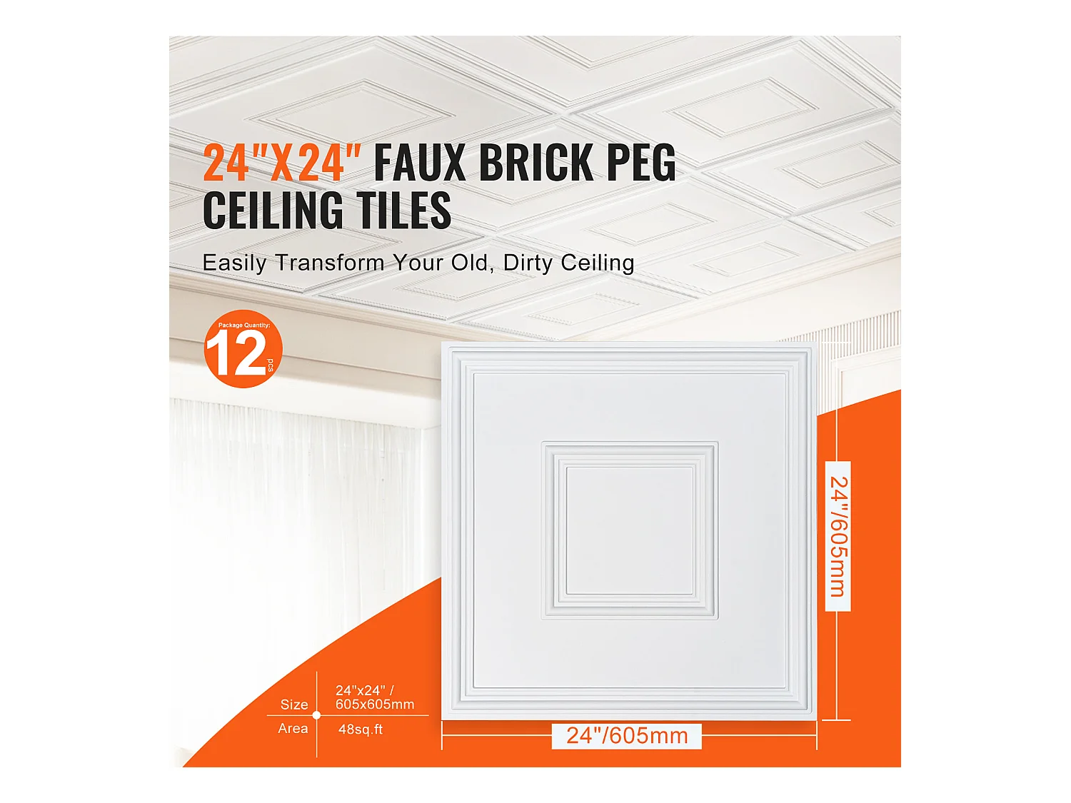 Carreaux Autocollants PVC SucceBuy Carreaux de Plafond Paquet de 12 24" x 24" PVC Installation Facile Blanc Géométrique