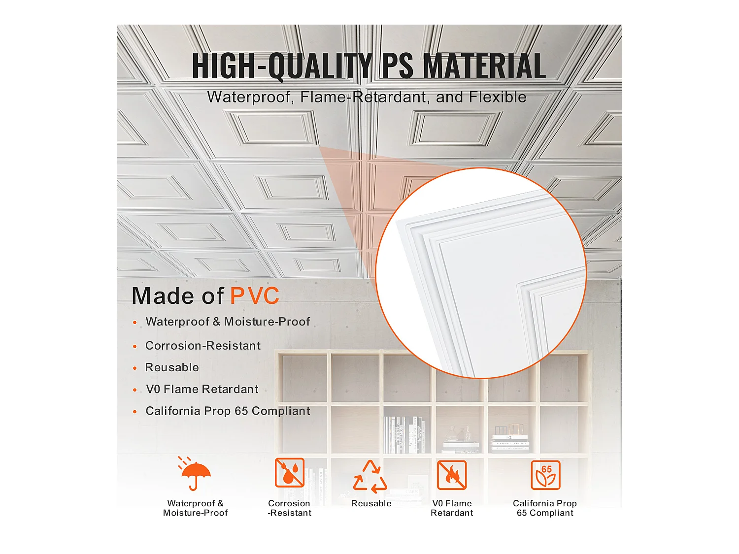 Carreaux Autocollants PVC SucceBuy Carreaux de Plafond Paquet de 12 24" x 24" PVC Installation Facile Blanc Géométrique