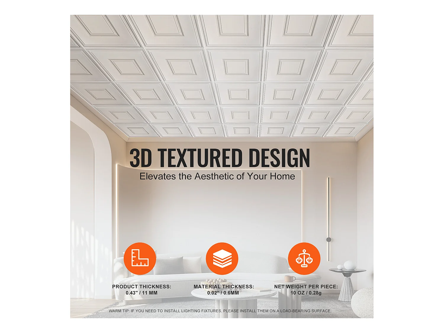 Carreaux Autocollants PVC SucceBuy Carreaux de Plafond Paquet de 12 24" x 24" PVC Installation Facile Blanc Géométrique