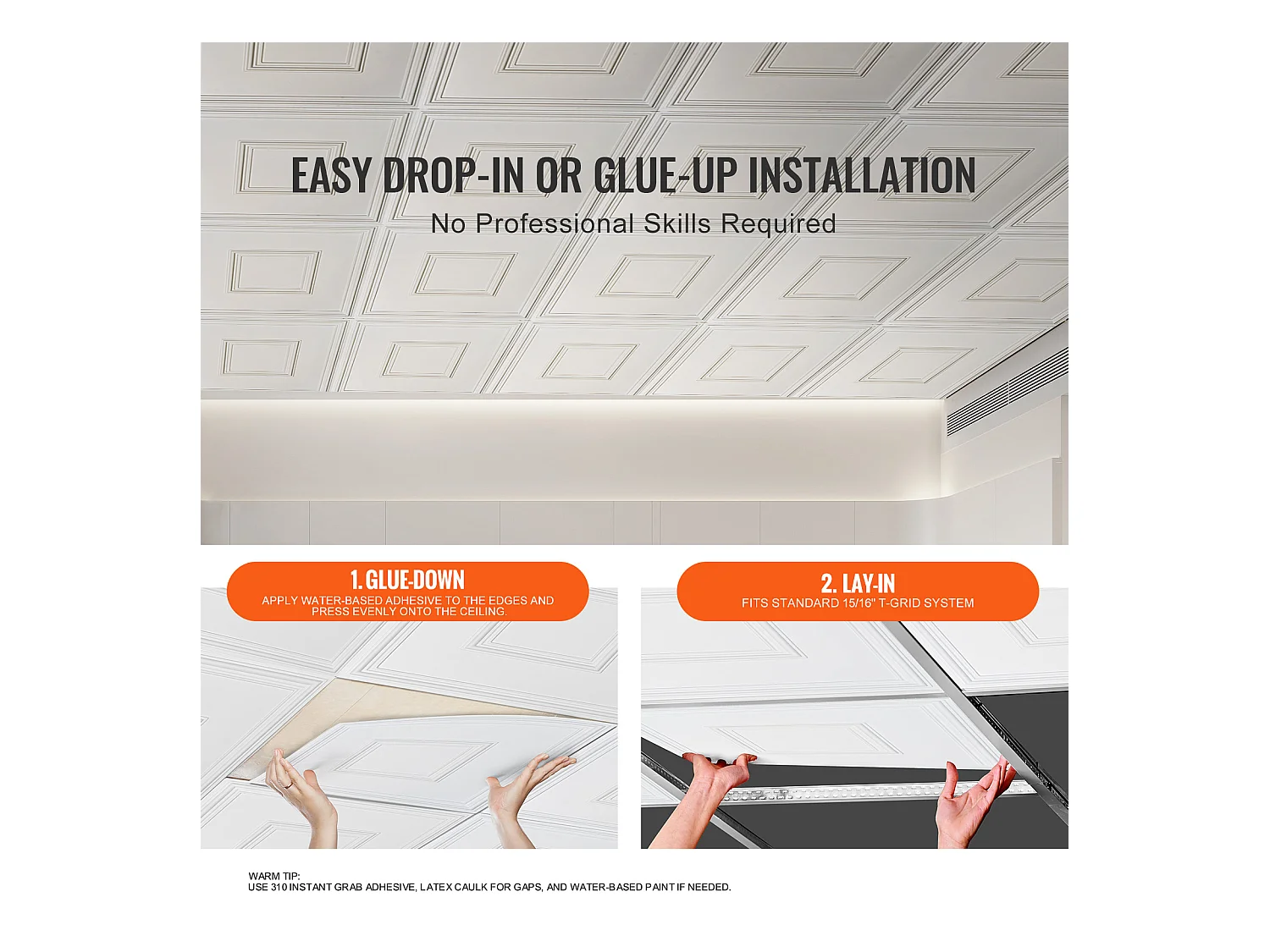 Carreaux Autocollants PVC SucceBuy Carreaux de Plafond Paquet de 12 24" x 24" PVC Installation Facile Blanc Géométrique