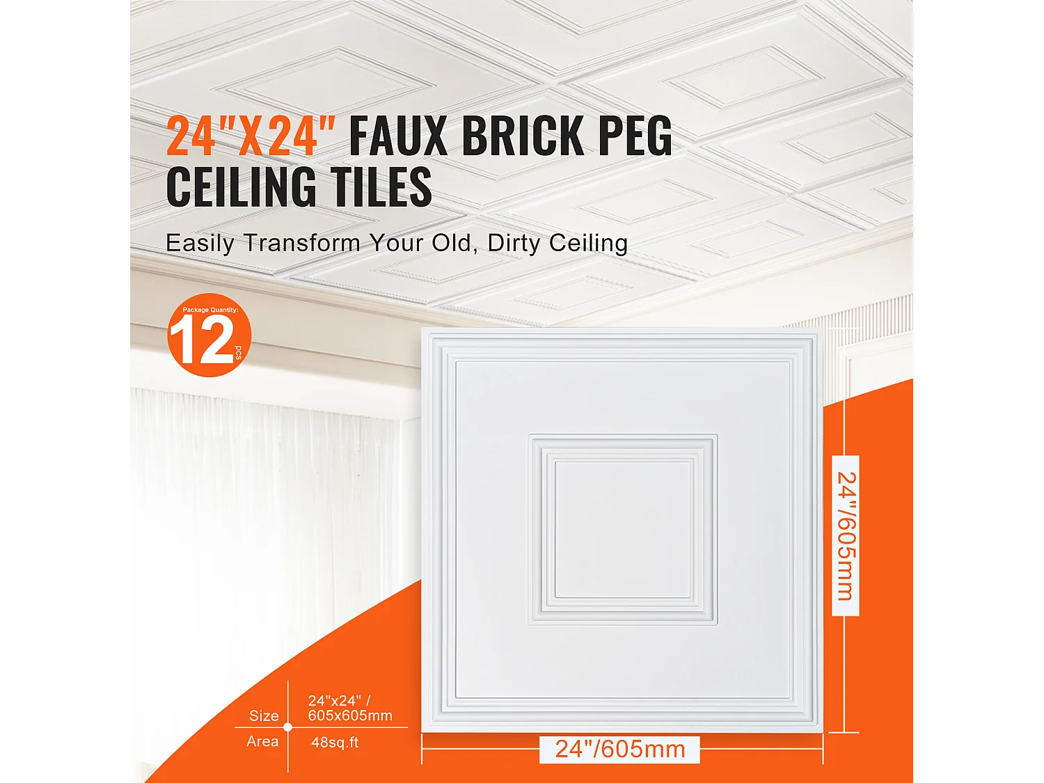 Carreaux Autocollants PVC SucceBuy Carreaux de Plafond Paquet de 12 24" x 24" PVC Installation Facile Blanc Géométrique