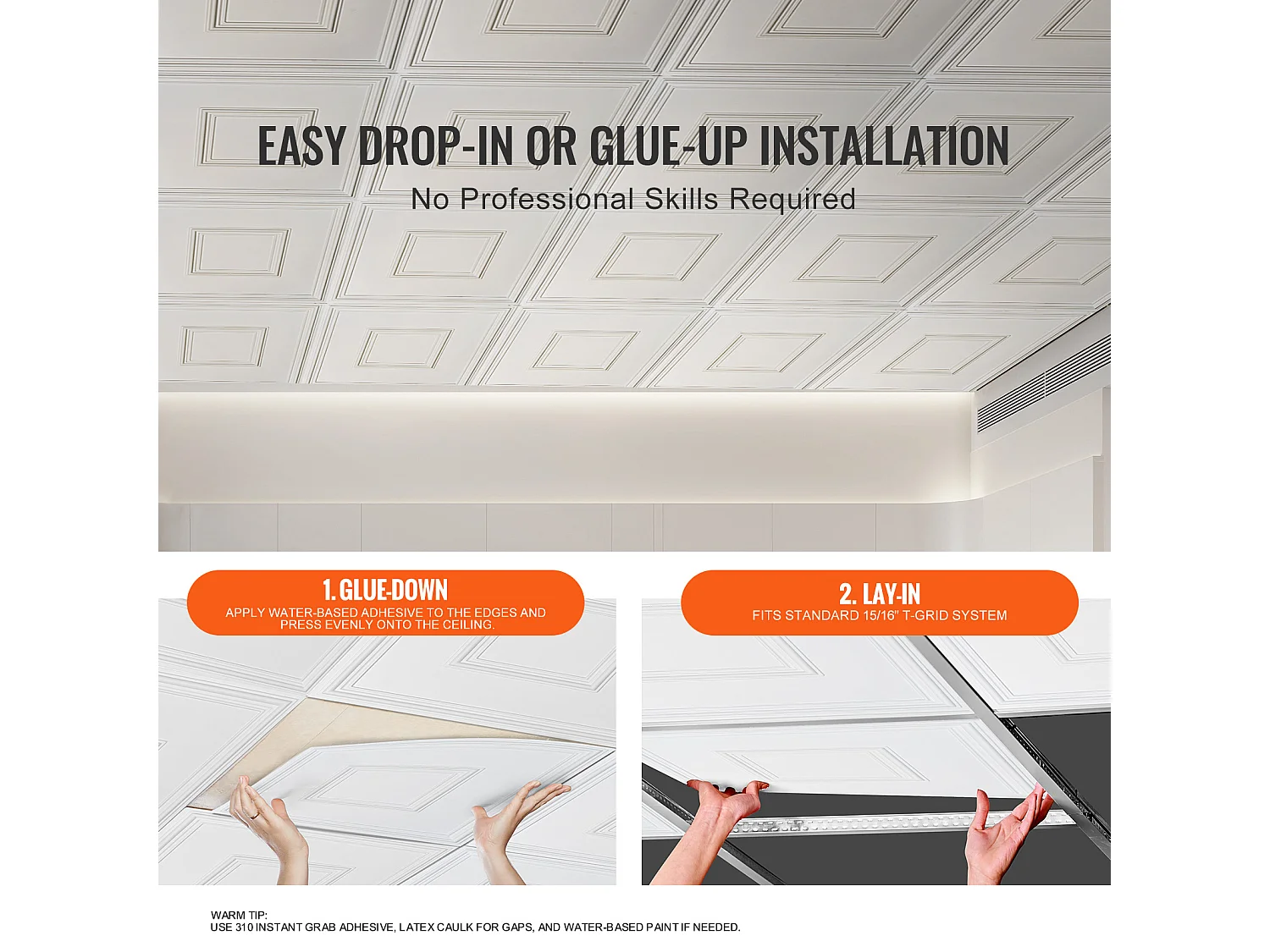 Carreaux Autocollants PVC SucceBuy Carreaux de Plafond Paquet de 12 24" x 24" PVC Installation Facile Blanc Géométrique