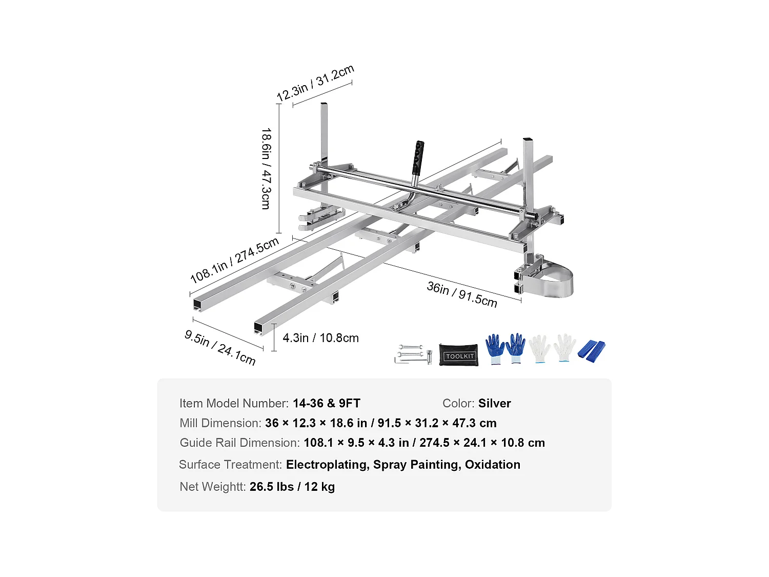 Guide - Chaîne SucceBuy de 35.56 - 91.44 cm pour Scie à Chaîne, Système de Rail en Aluminium de 274.32 cm