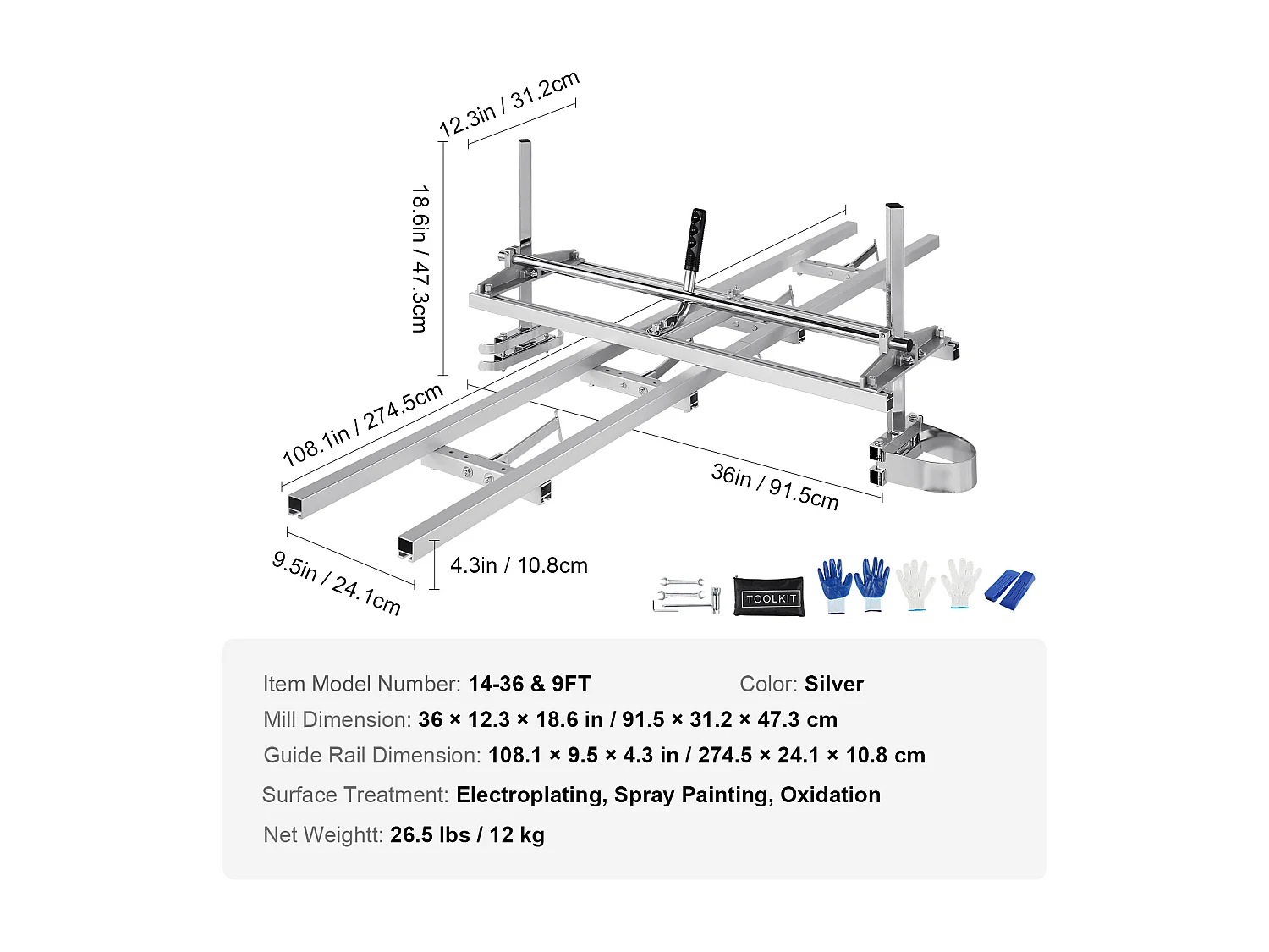 Guide - Chaîne SucceBuy de 35.56 - 91.44 cm pour Scie à Chaîne, Système de Rail en Aluminium de 274.32 cm